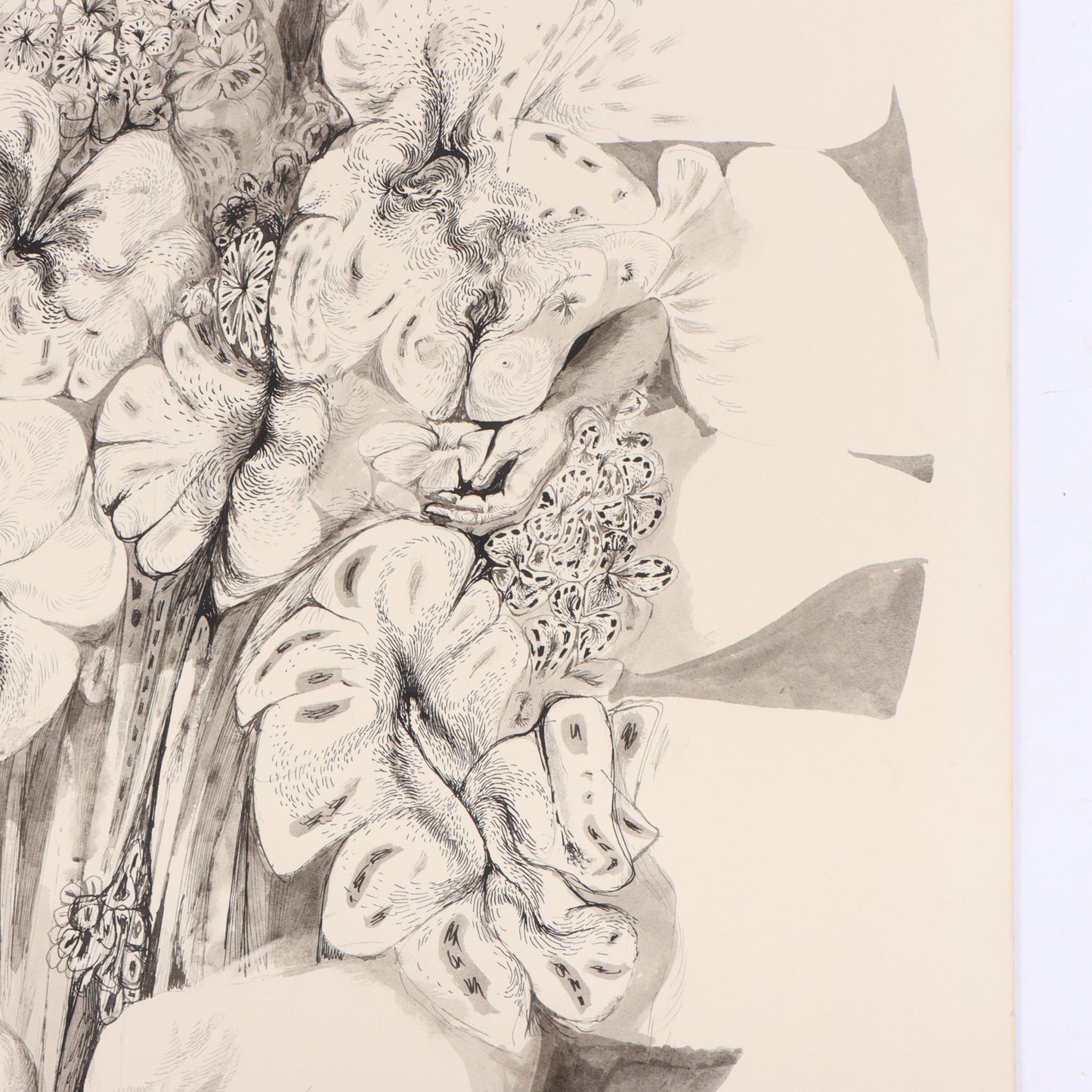 Sante Graziani, American (1920-2005), woman enveloped by flowers, ink and wash on board, 26"H x 20"W
