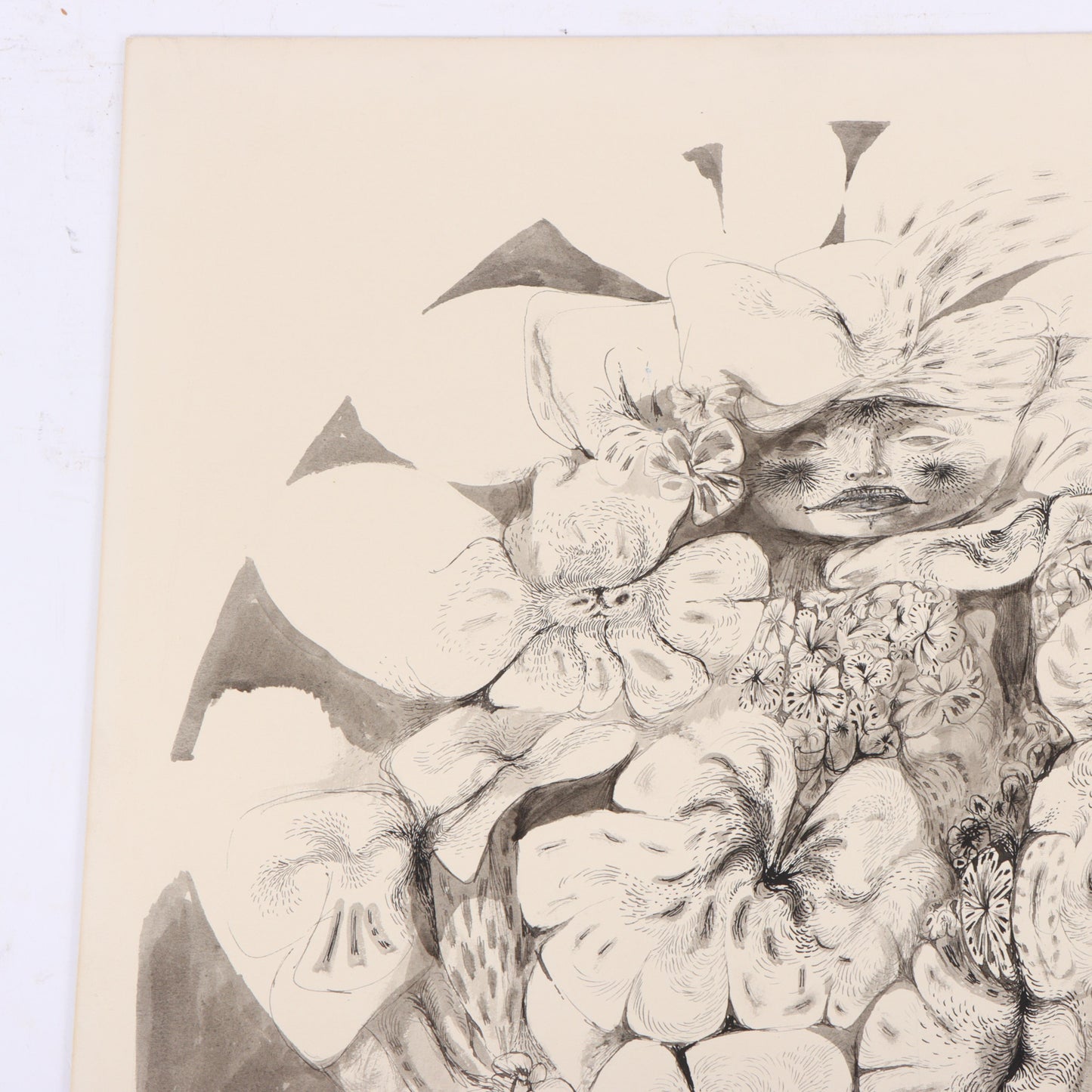Sante Graziani, American (1920-2005), woman enveloped by flowers, ink and wash on board, 26"H x 20"W