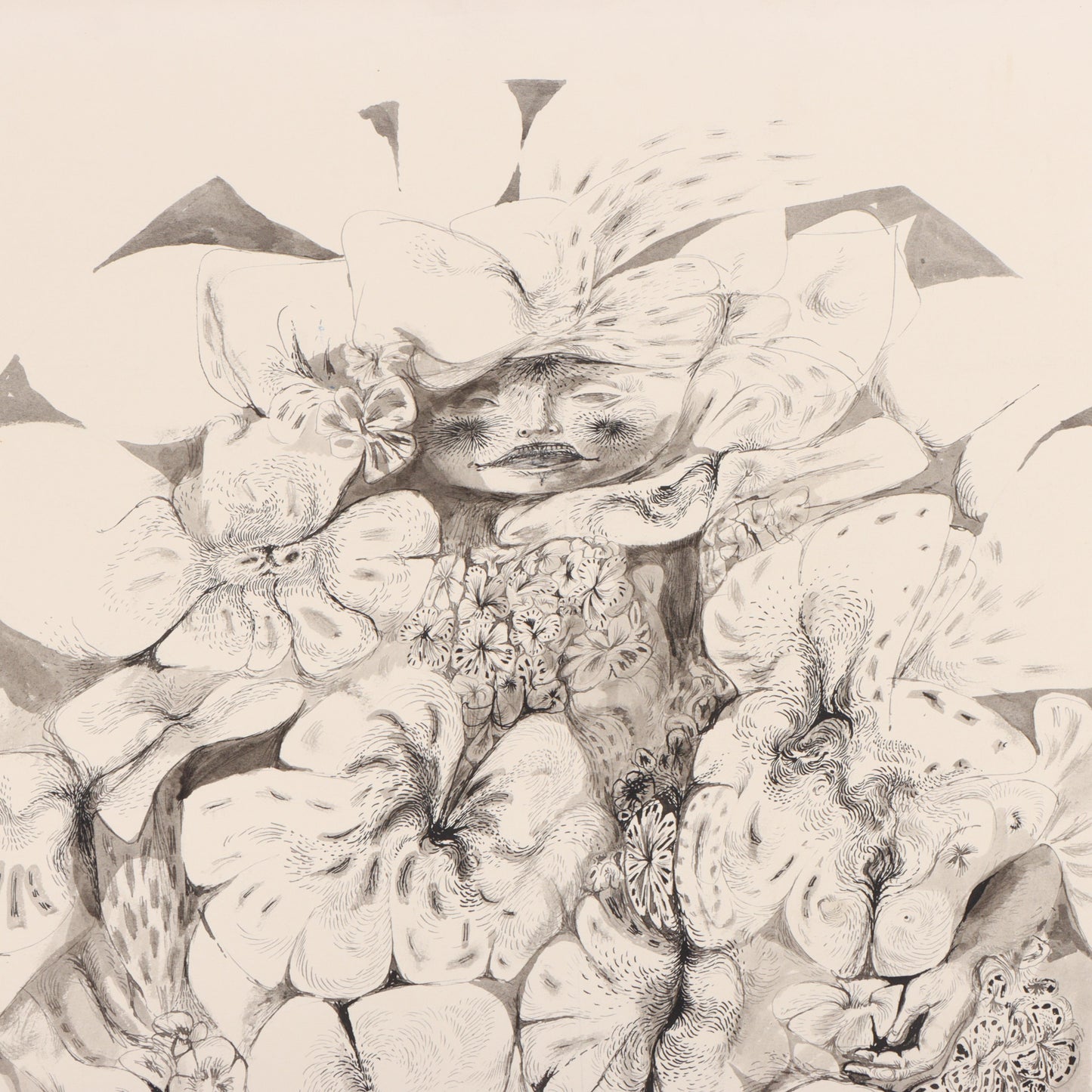 Sante Graziani, American (1920-2005), woman enveloped by flowers, ink and wash on board, 26"H x 20"W