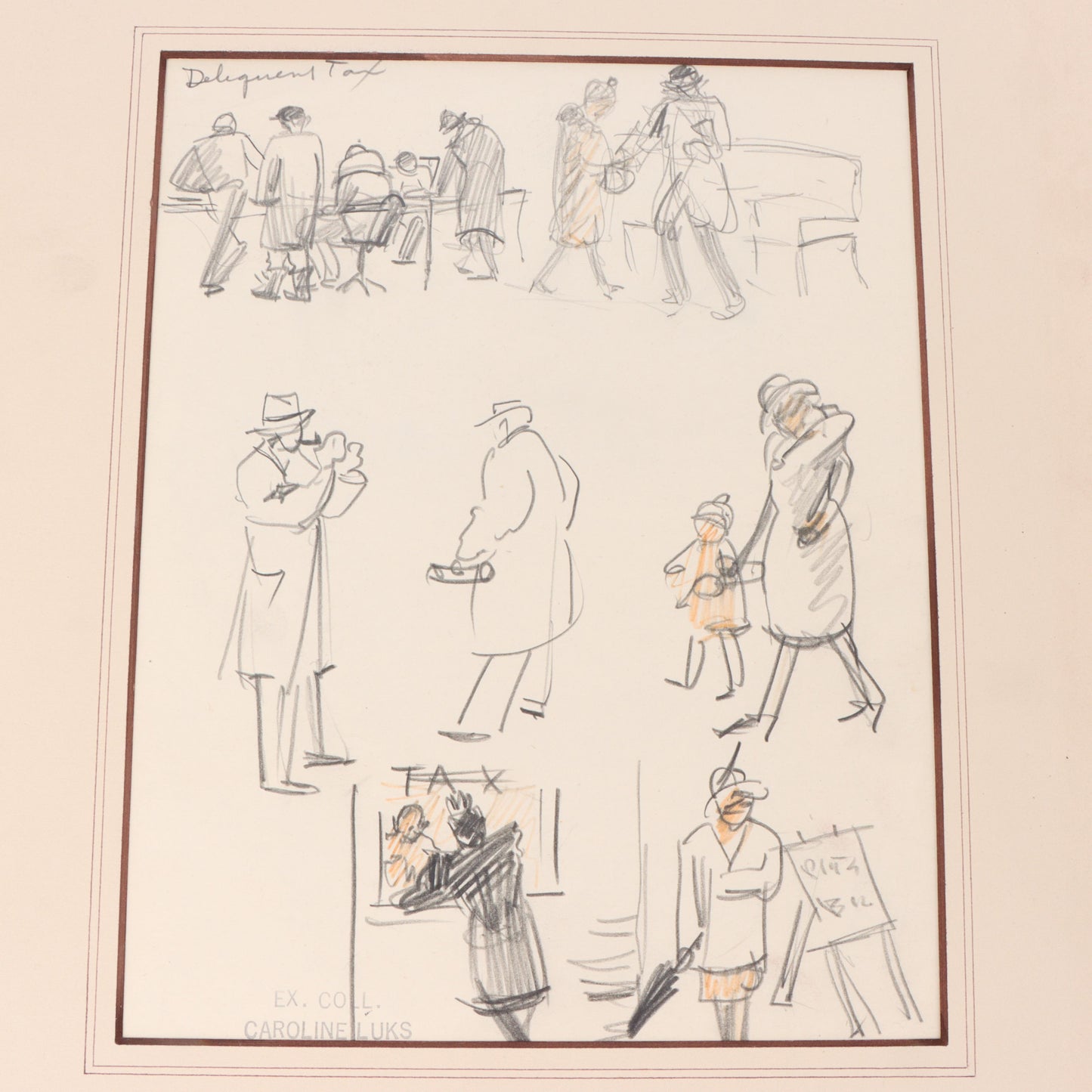 George Benjamin Luks, American (1867-1933), 2 figural studies; Delinquent Tax, Study, graphite on paper, 11"H x 8 1/2"W(paper), 14"H x 12"W(mat) - larger
