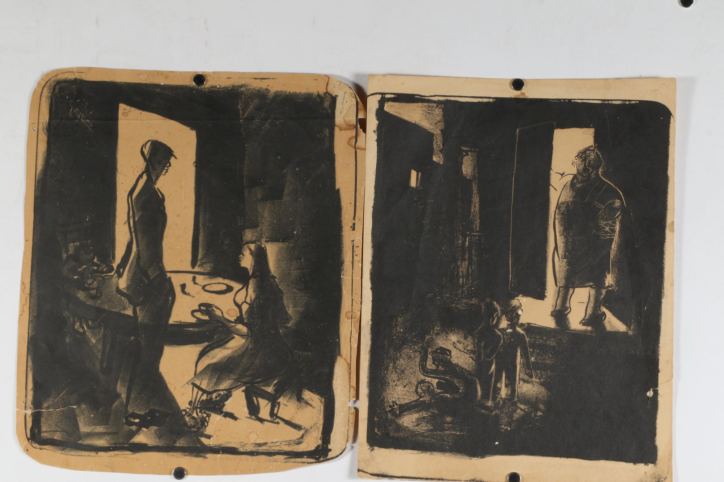 Honore Desmond Sharrer, American (1920 - 2009), Woman Resting / National Foundation for Infantile Paralysis / Workers and Painters / 2 women standing (2) / woman breaking up a fight / family at the table, mixed media on