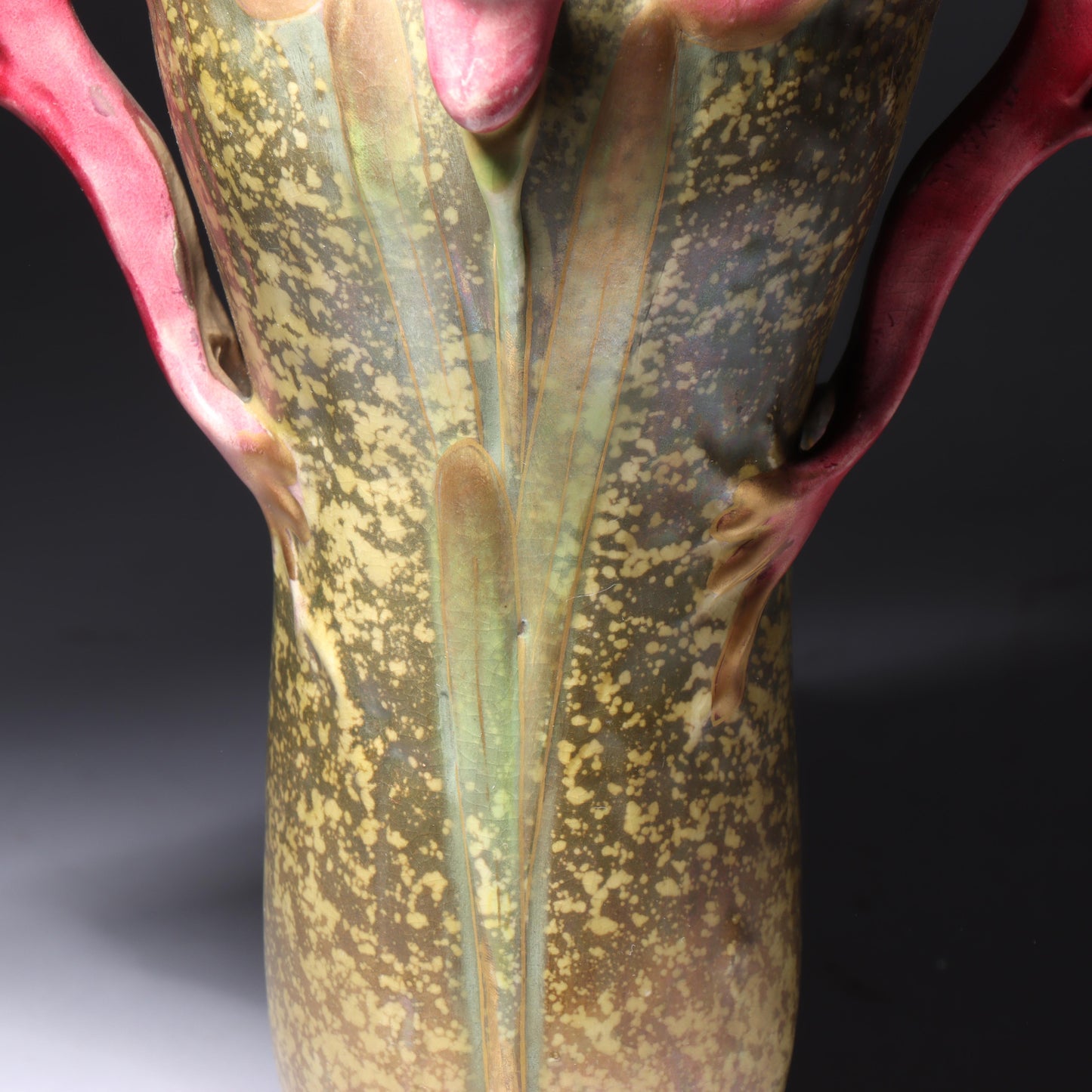 Amphora Austria Art Nouveau orchid flower vase with sculpted handles ca.1900. 10"H x 6 3/4"W