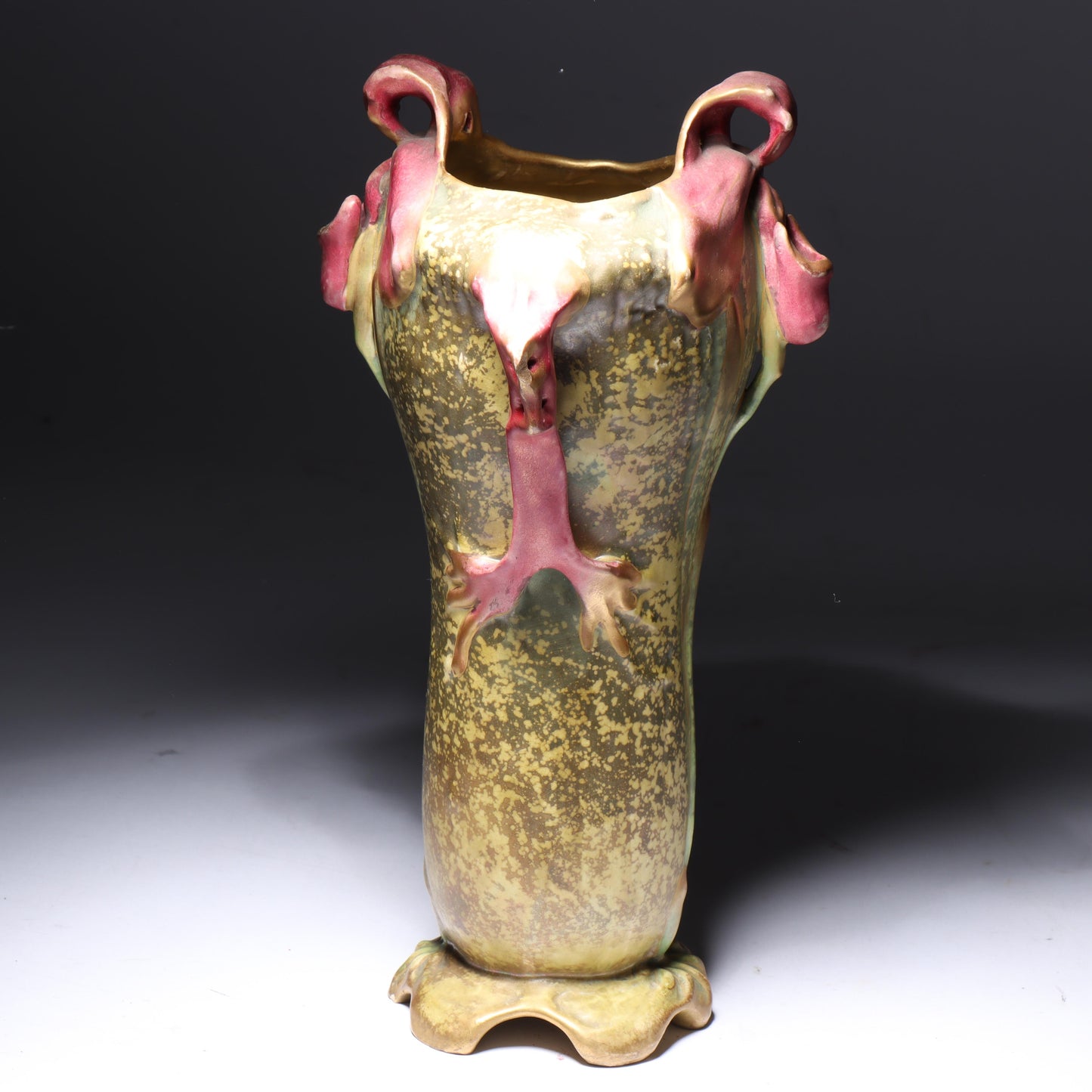Amphora Austria Art Nouveau orchid flower vase with sculpted handles ca.1900. 10"H x 6 3/4"W