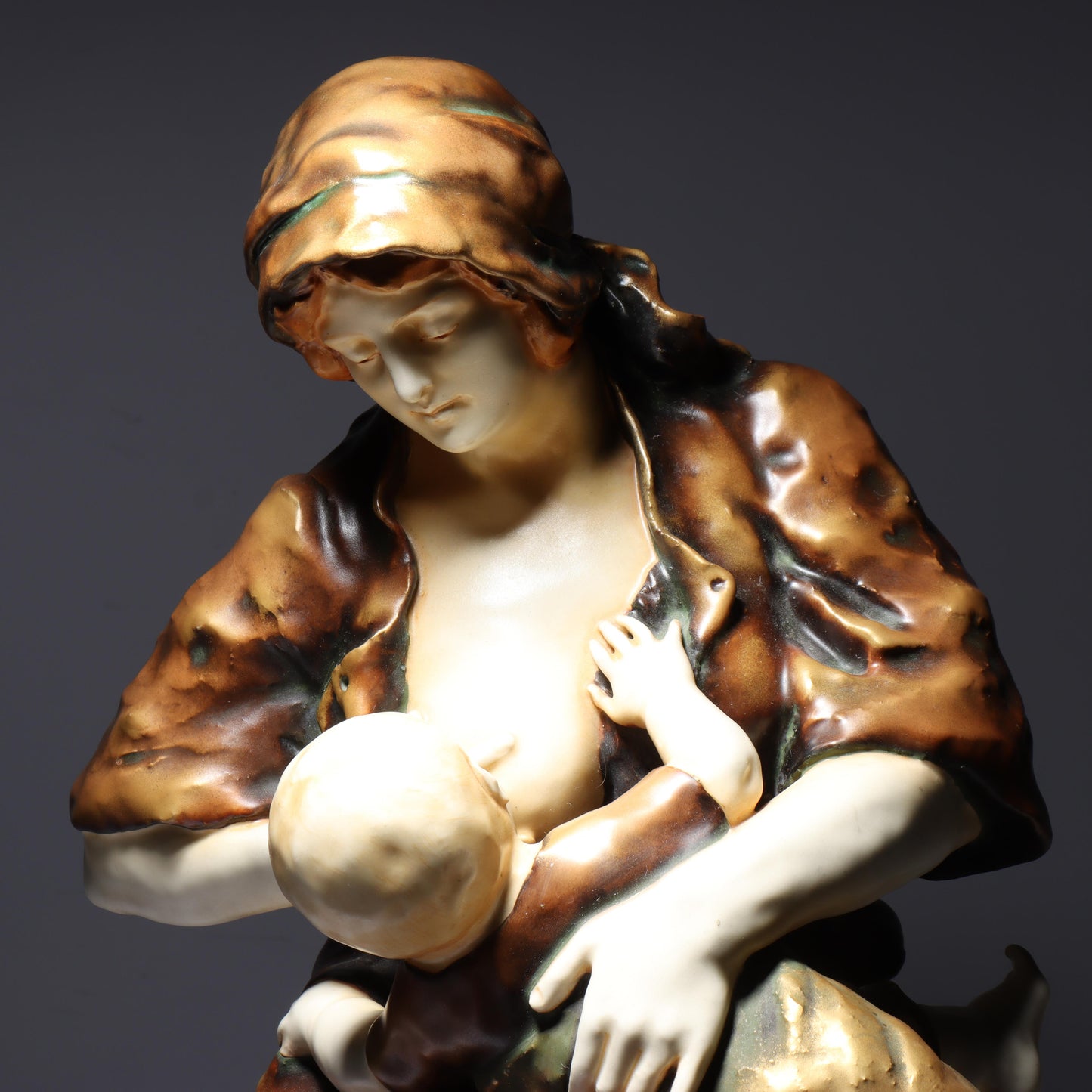 Berthold Boess Karlsruhe Austrian Amphora figure group mother nursing a child with basket. 19 1/2"H x 17"W