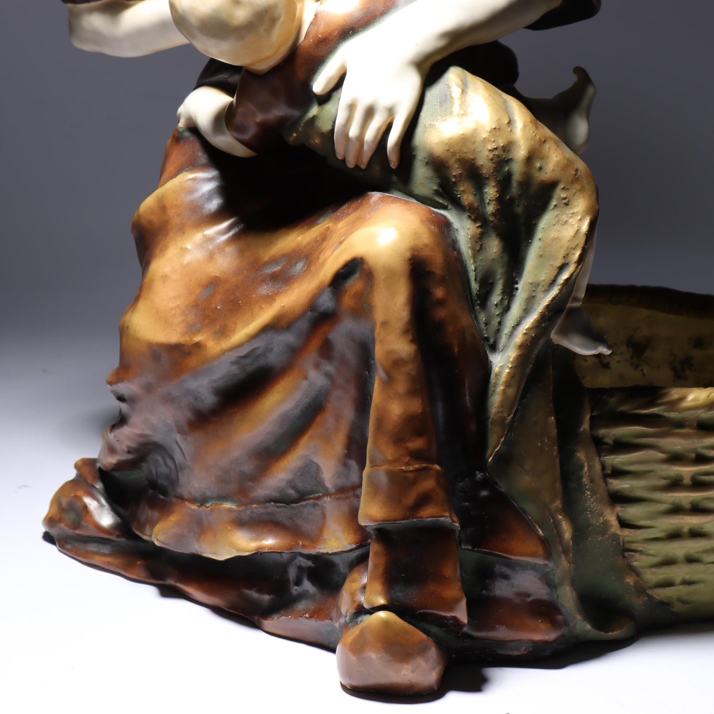Berthold Boess Karlsruhe Austrian Amphora figure group mother nursing a child with basket. 19 1/2"H x 17"W