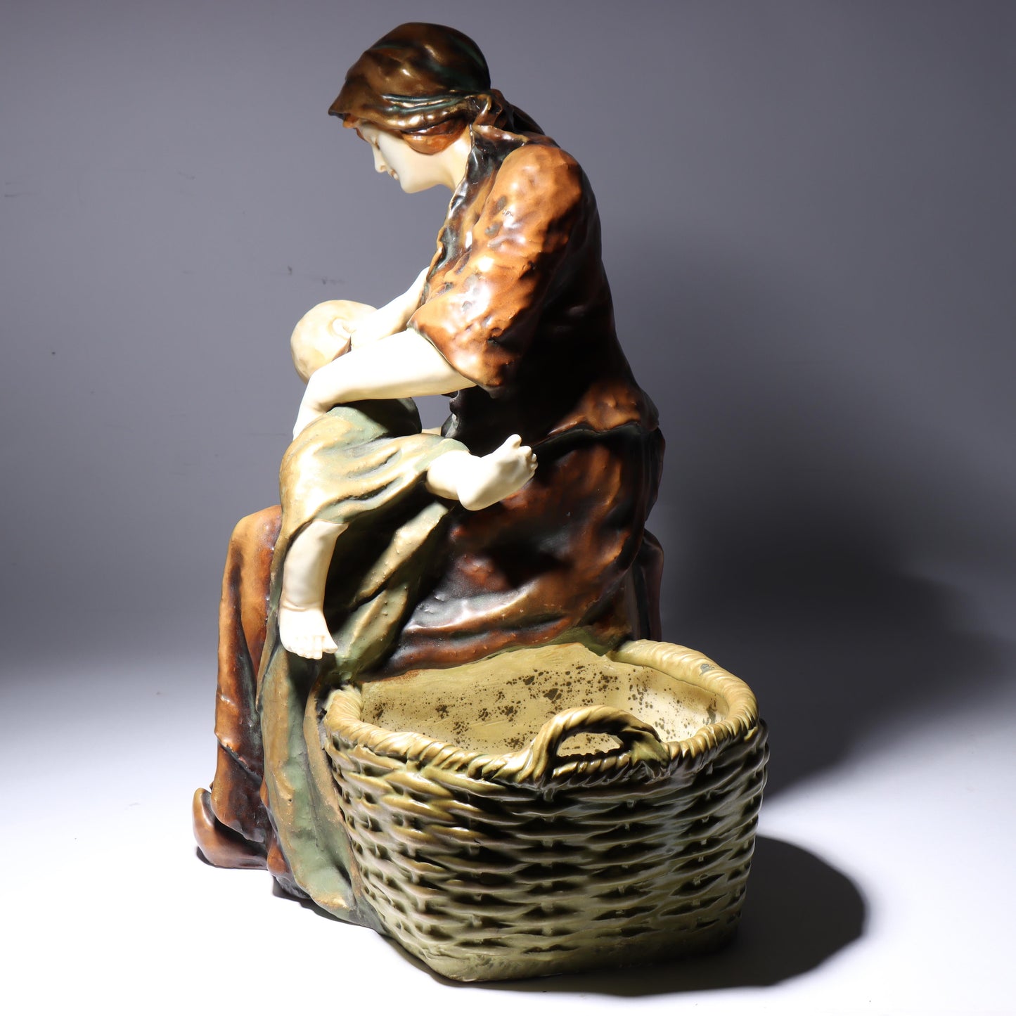 Berthold Boess Karlsruhe Austrian Amphora figure group mother nursing a child with basket. 19 1/2"H x 17"W