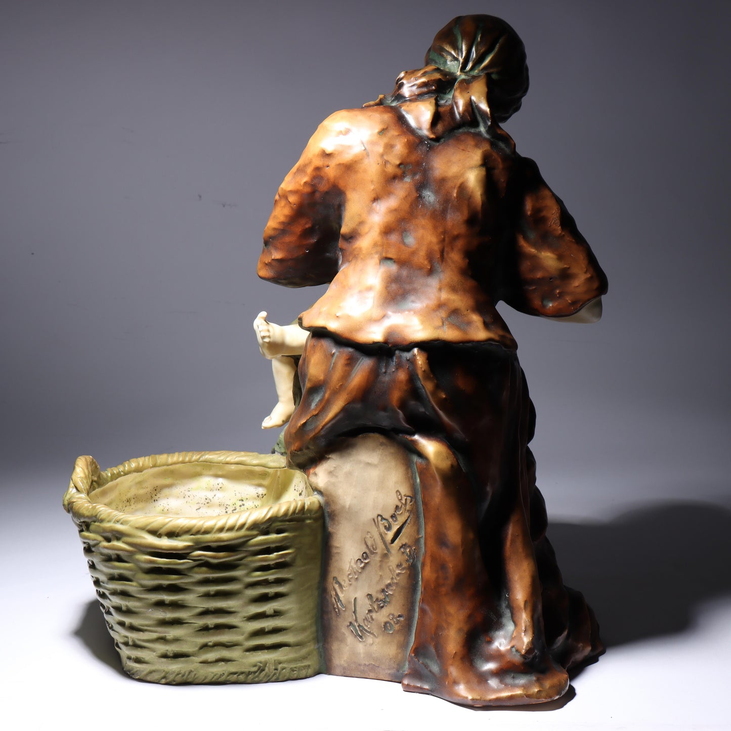 Berthold Boess Karlsruhe Austrian Amphora figure group mother nursing a child with basket. 19 1/2"H x 17"W