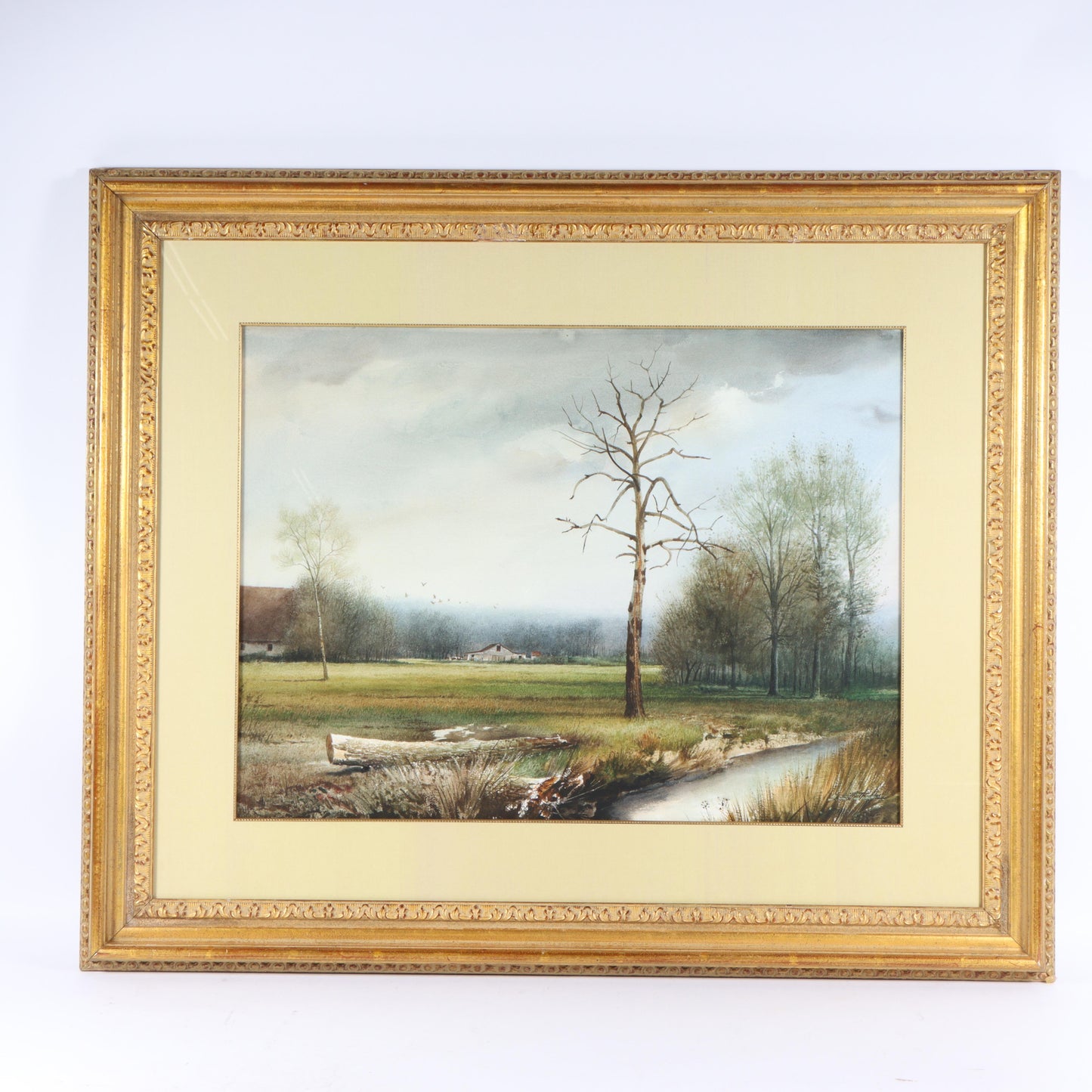 Emmitt Thames, Mississippi (b. 1933), landscape with creek and barn in the distance, watercolor on paper, 22"H x 29 1/2"W(sight), 35 3/4"H x 43 1/4"W(frame)