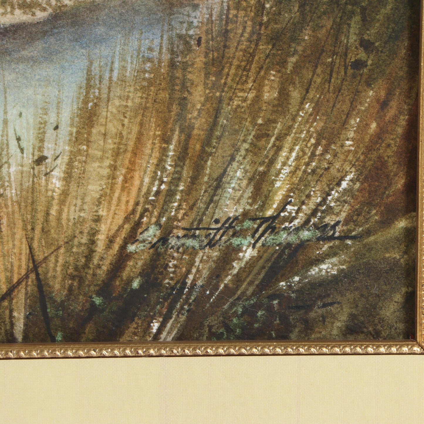 Emmitt Thames, Mississippi (b. 1933), landscape with creek and barn in the distance, watercolor on paper, 22"H x 29 1/2"W(sight), 35 3/4"H x 43 1/4"W(frame)
