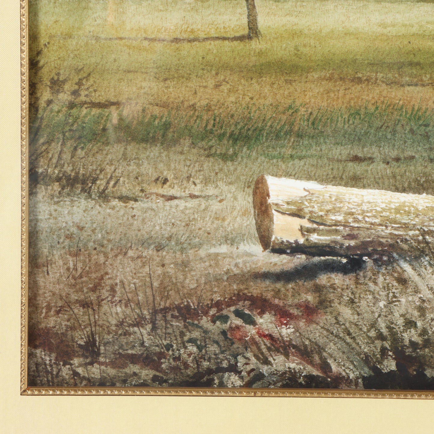 Emmitt Thames, Mississippi (b. 1933), landscape with creek and barn in the distance, watercolor on paper, 22"H x 29 1/2"W(sight), 35 3/4"H x 43 1/4"W(frame)