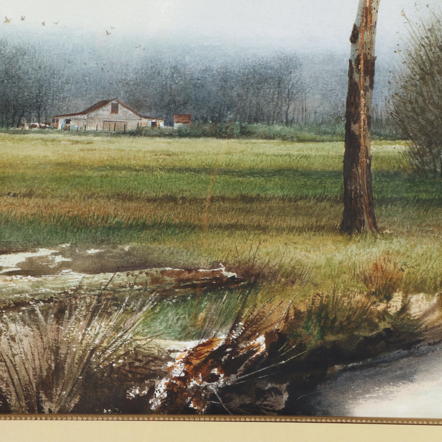 Emmitt Thames, Mississippi (b. 1933), landscape with creek and barn in the distance, watercolor on paper, 22"H x 29 1/2"W(sight), 35 3/4"H x 43 1/4"W(frame)