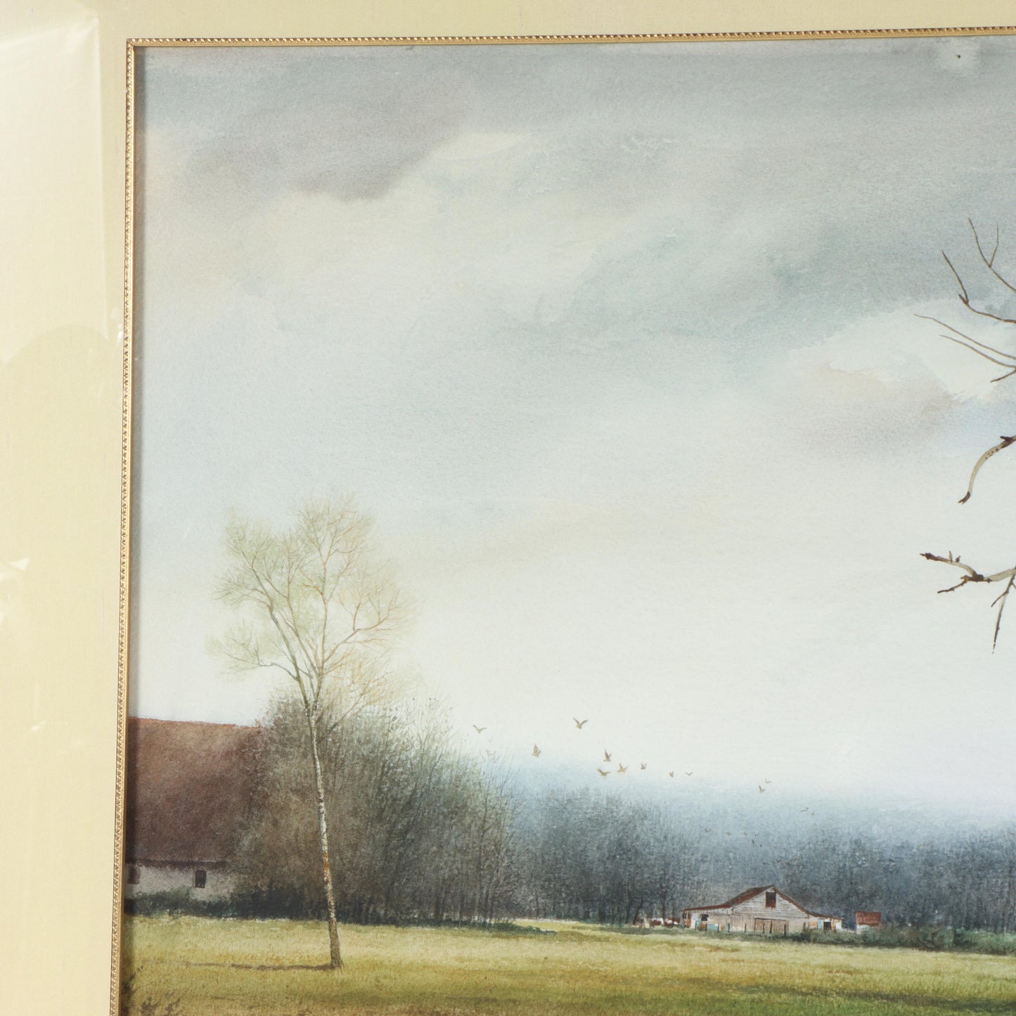 Emmitt Thames, Mississippi (b. 1933), landscape with creek and barn in the distance, watercolor on paper, 22"H x 29 1/2"W(sight), 35 3/4"H x 43 1/4"W(frame)