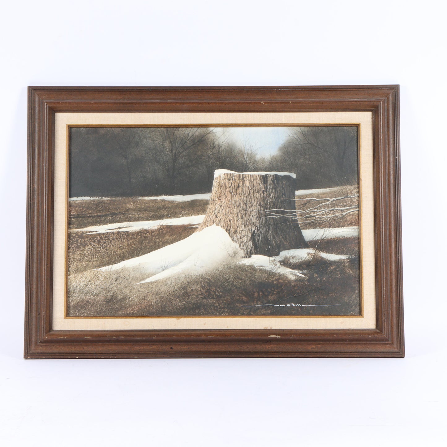 Rob O'Dell, Indiana (1938 - 2017), winter landscape with tree stump, watercolor on paper, 13 3/4"H x 21 1/4"W(sight), 20"H x 27 1/4"W(frame)