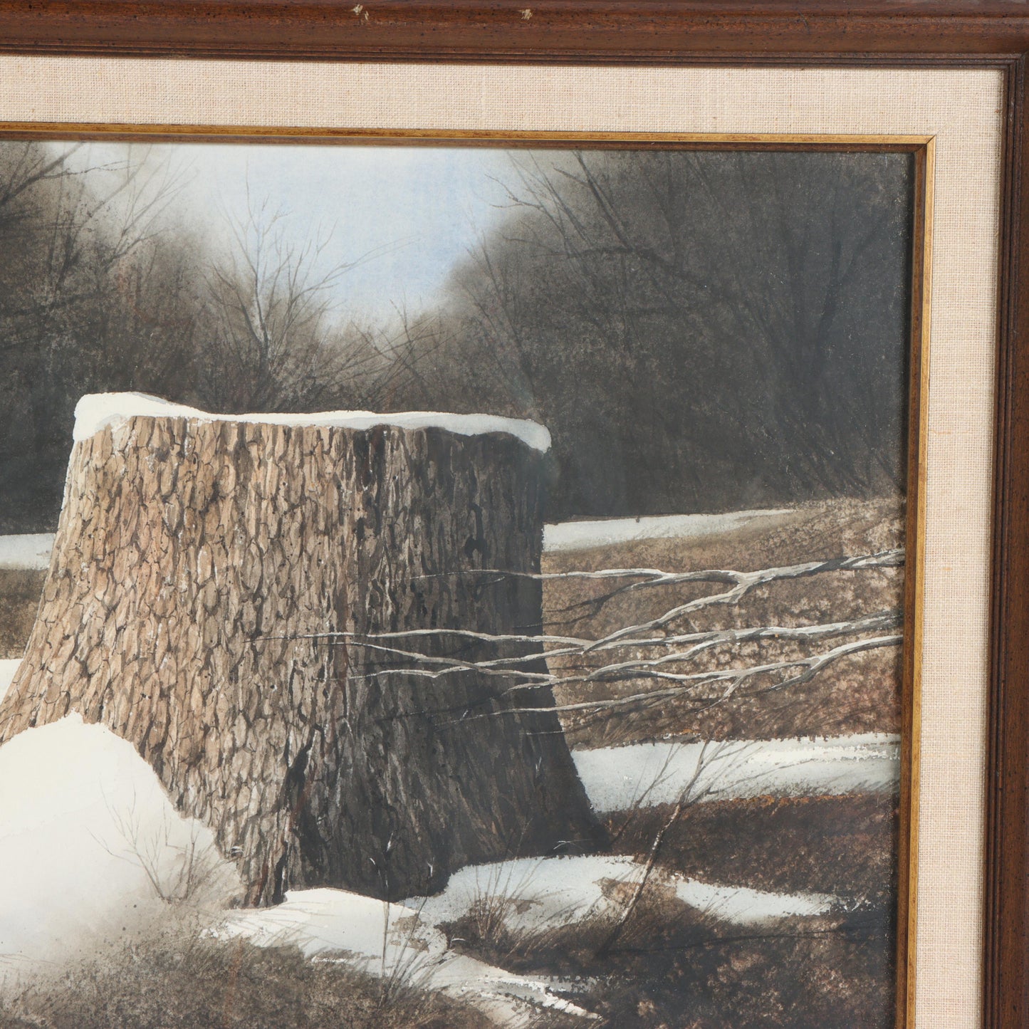 Rob O'Dell, Indiana (1938 - 2017), winter landscape with tree stump, watercolor on paper, 13 3/4"H x 21 1/4"W(sight), 20"H x 27 1/4"W(frame)