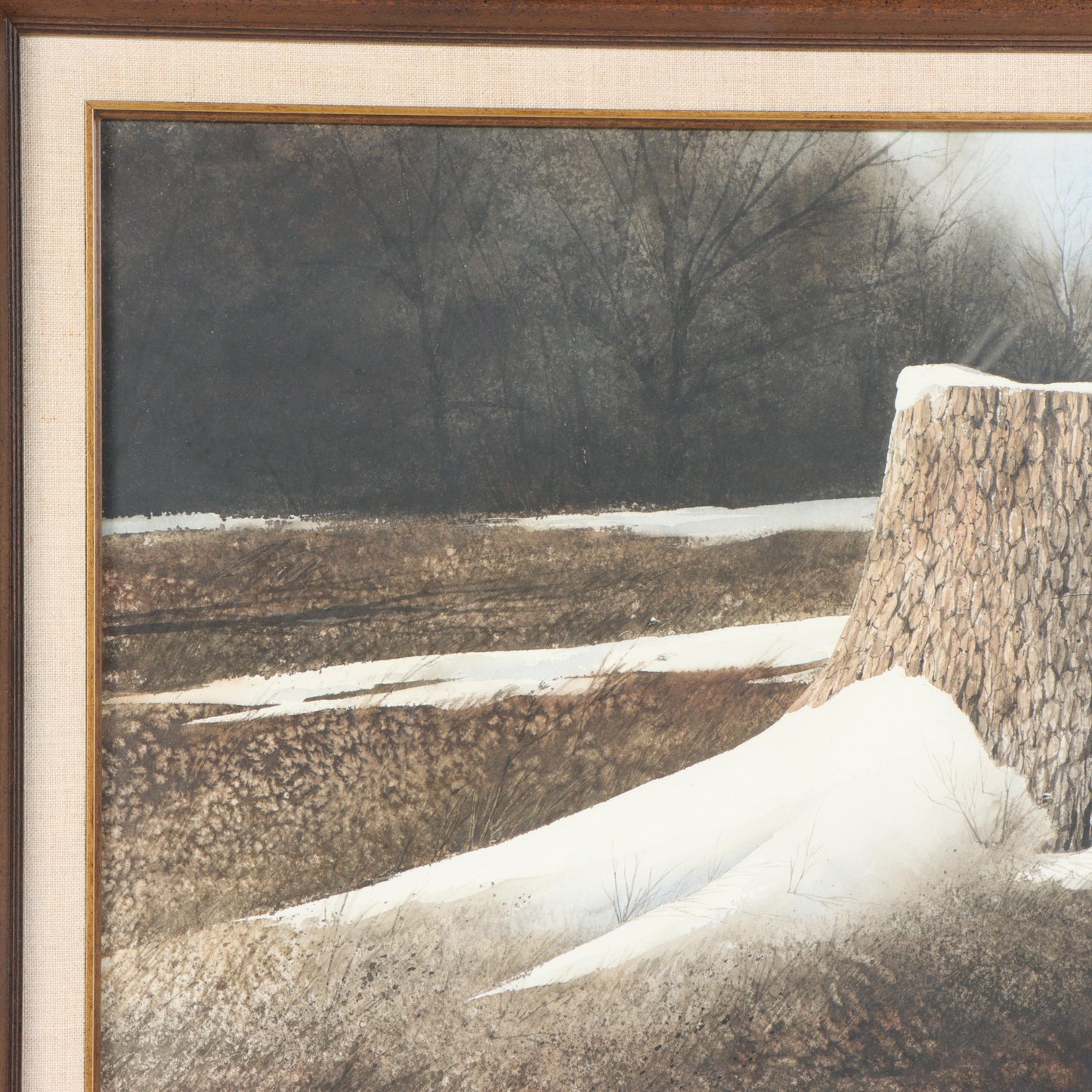 Rob O'Dell, Indiana (1938 - 2017), winter landscape with tree stump, watercolor on paper, 13 3/4"H x 21 1/4"W(sight), 20"H x 27 1/4"W(frame)