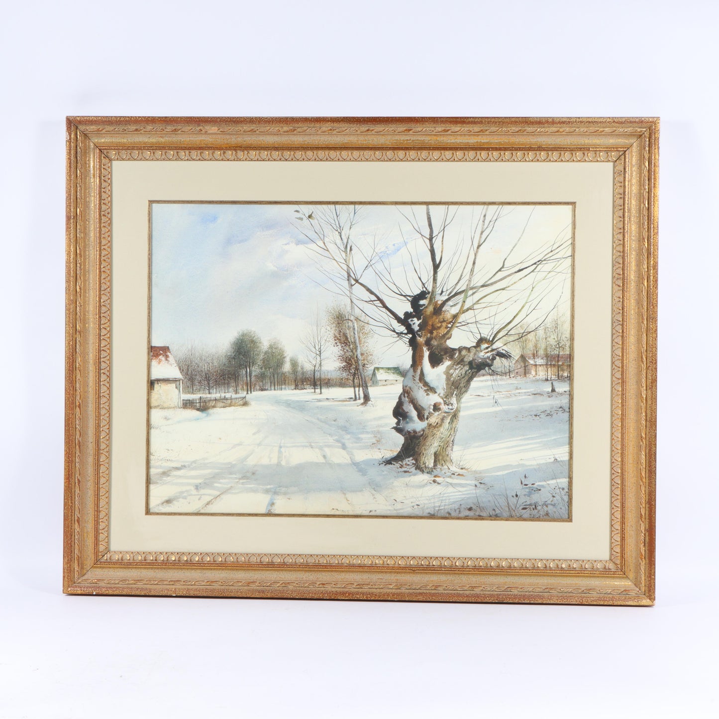 Emmitt Thames, Mississippi (b. 1933), rural snowy winter landscape, watercolor on paper, 21 1/2"H x 29 1/2"W(sight), 33 1/2"H x 41"W(frame)