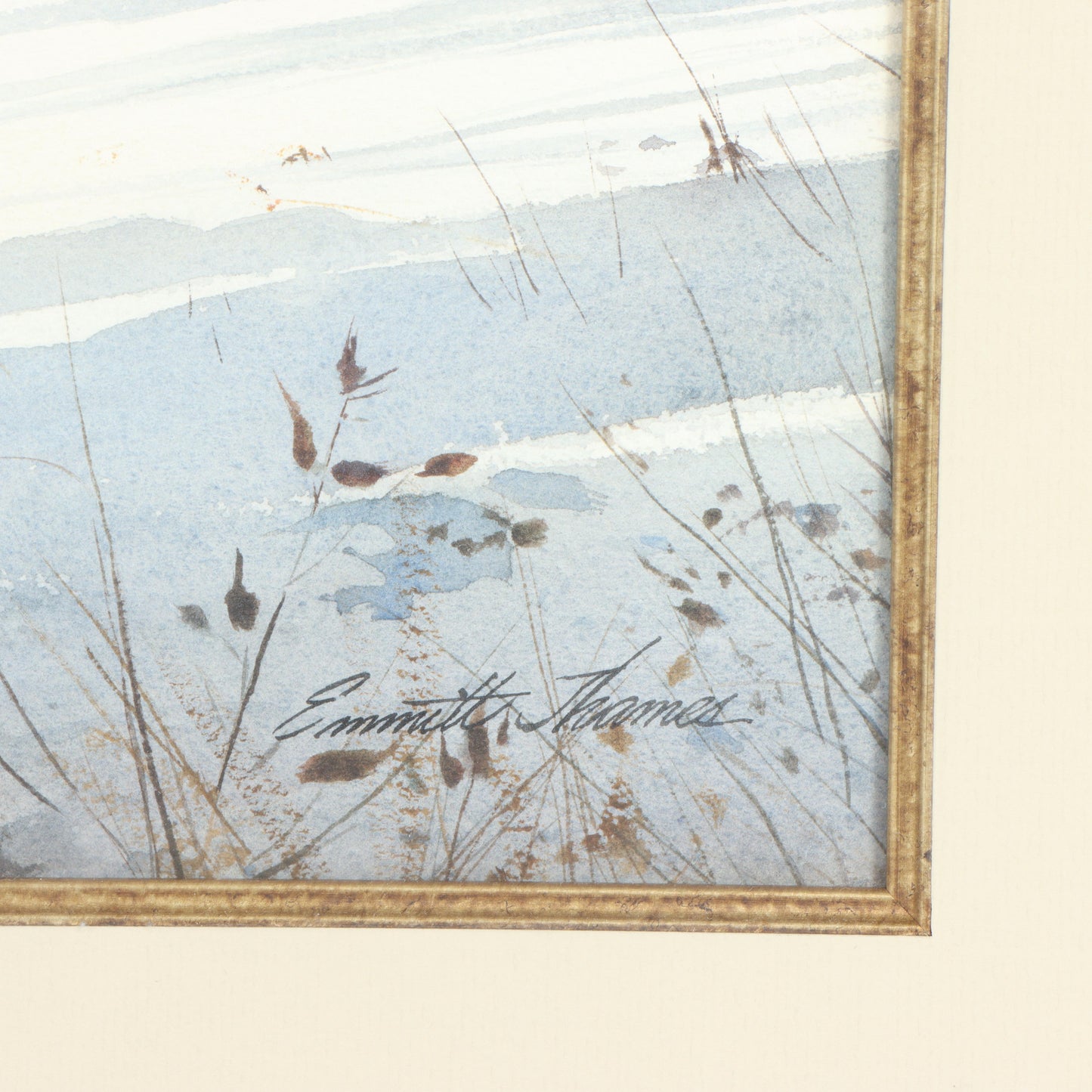 Emmitt Thames, Mississippi (b. 1933), rural snowy winter landscape, watercolor on paper, 21 1/2"H x 29 1/2"W(sight), 33 1/2"H x 41"W(frame)
