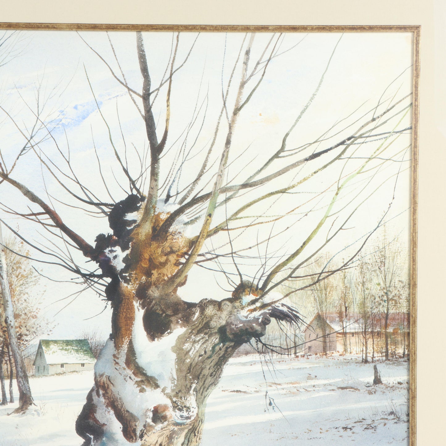 Emmitt Thames, Mississippi (b. 1933), rural snowy winter landscape, watercolor on paper, 21 1/2"H x 29 1/2"W(sight), 33 1/2"H x 41"W(frame)