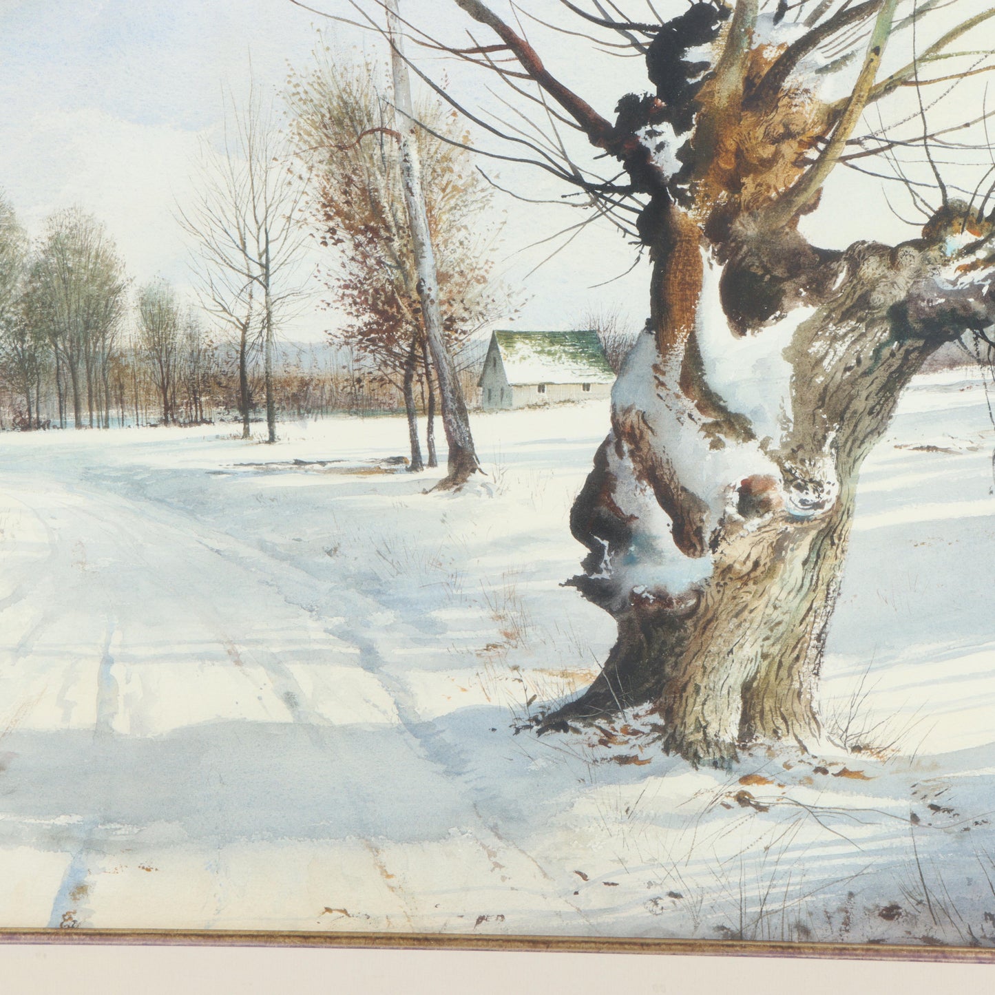 Emmitt Thames, Mississippi (b. 1933), rural snowy winter landscape, watercolor on paper, 21 1/2"H x 29 1/2"W(sight), 33 1/2"H x 41"W(frame)