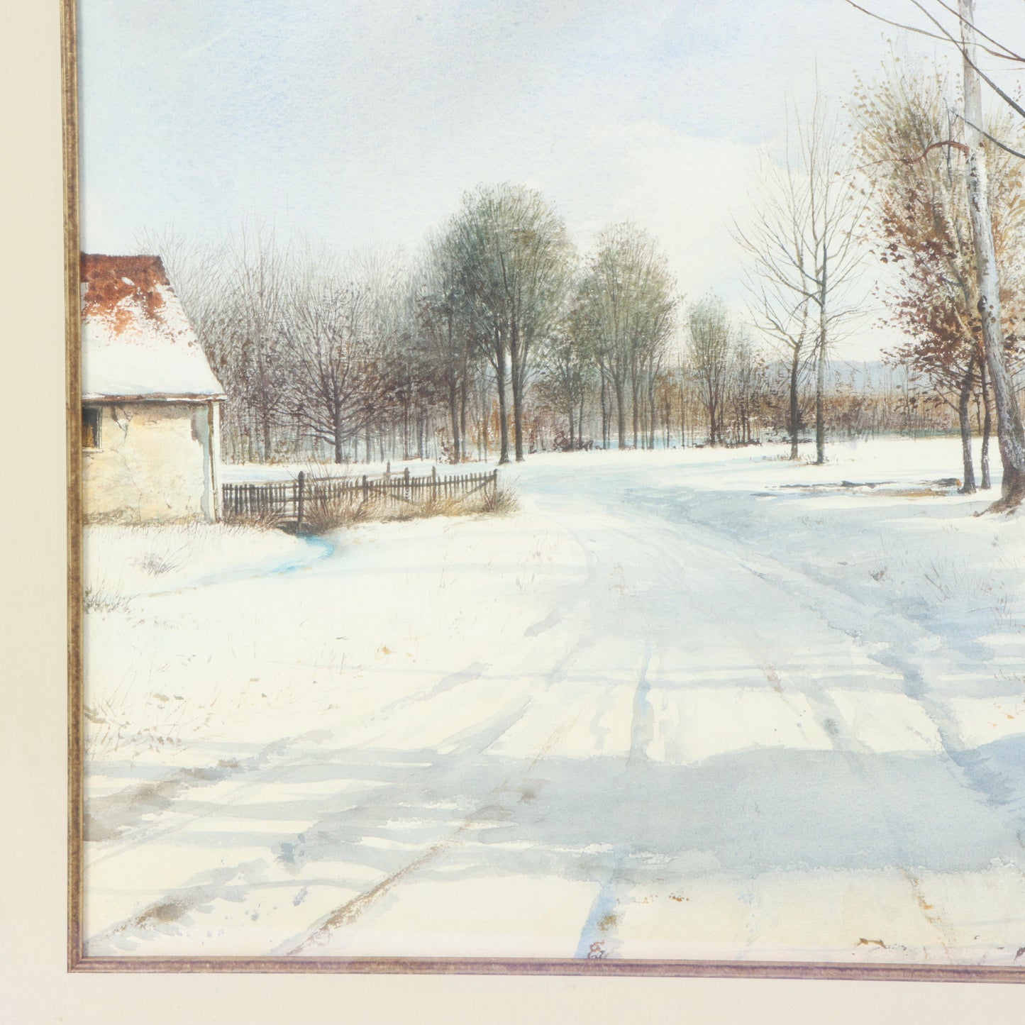 Emmitt Thames, Mississippi (b. 1933), rural snowy winter landscape, watercolor on paper, 21 1/2"H x 29 1/2"W(sight), 33 1/2"H x 41"W(frame)