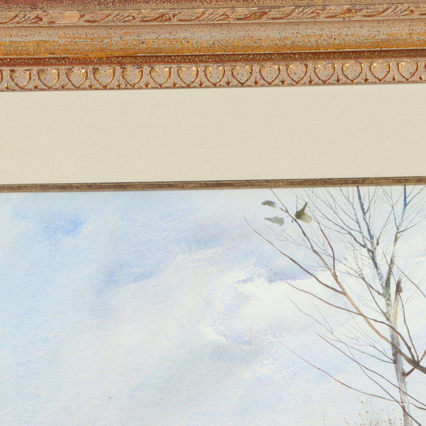 Emmitt Thames, Mississippi (b. 1933), rural snowy winter landscape, watercolor on paper, 21 1/2"H x 29 1/2"W(sight), 33 1/2"H x 41"W(frame)