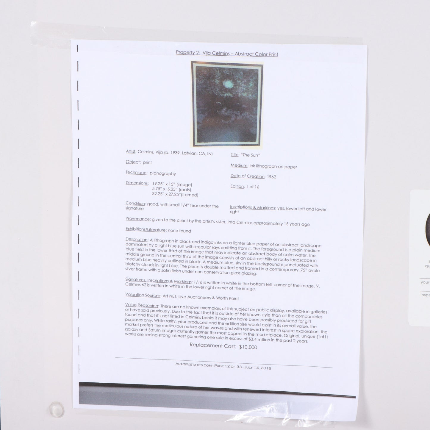 Vija Celmins, Latvian American (b. 1939), The Sun, 1962, lithograph, 19"H x 15"W(paper), 31 1/2"H x 27 1/4"W(frame)