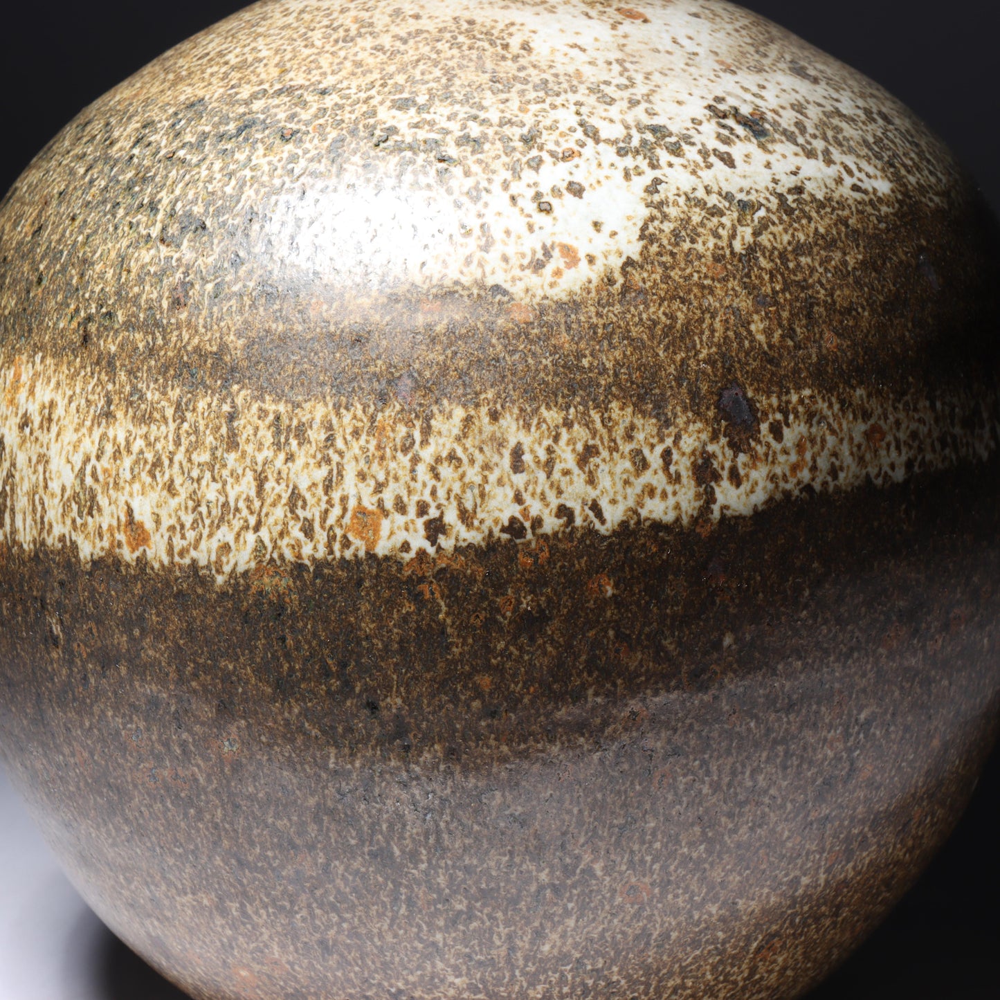 Laura Andreson, California (1902 - 1999), American studio pottery pinch neck bulbous vase, 1979, stoneware mottled banded earthtone glaze, 7 3/4"H x 6 1/2"Diam.