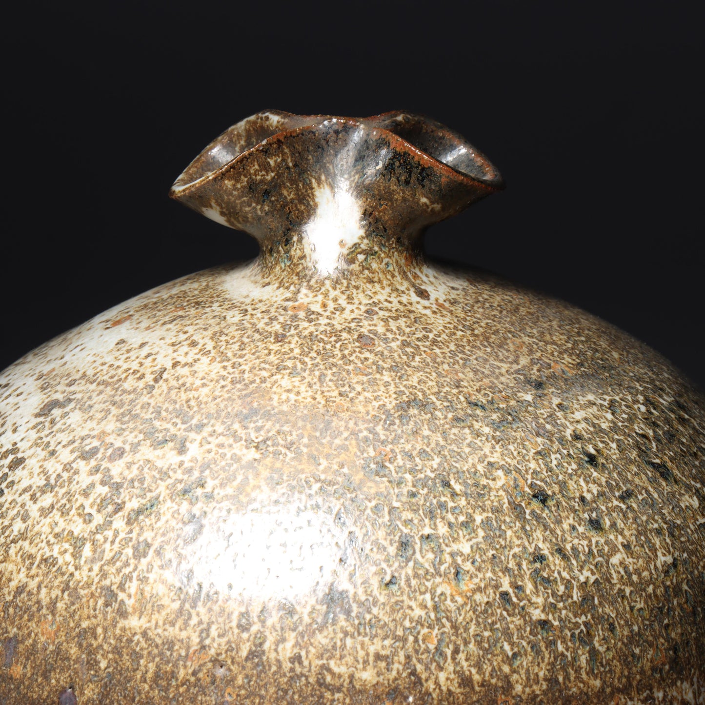 Laura Andreson, California (1902 - 1999), American studio pottery pinch neck bulbous vase, 1979, stoneware mottled banded earthtone glaze, 7 3/4"H x 6 1/2"Diam.