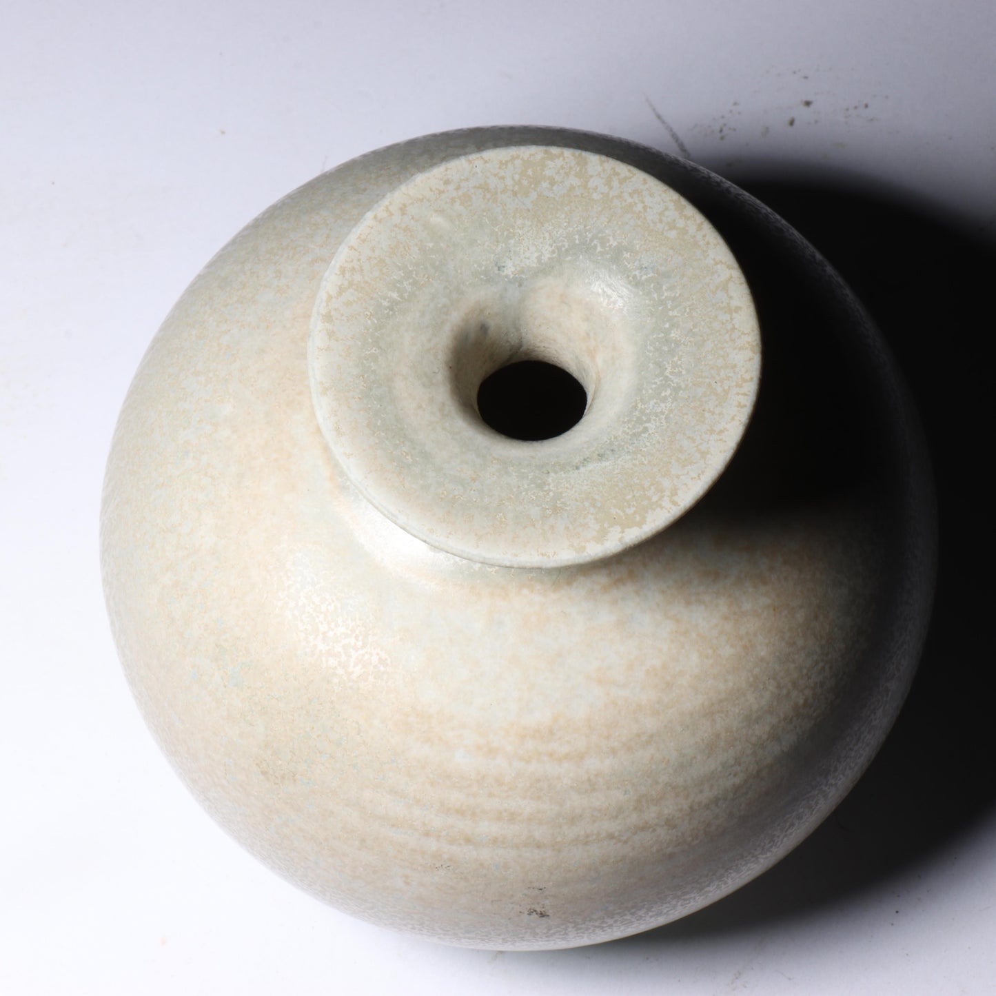 Laura Andreson, California (1902 - 1999), American studio pottery vase, porcelain with light neutral over green matte glaze, 3 3/4"H x 3 3/4"Diam.
