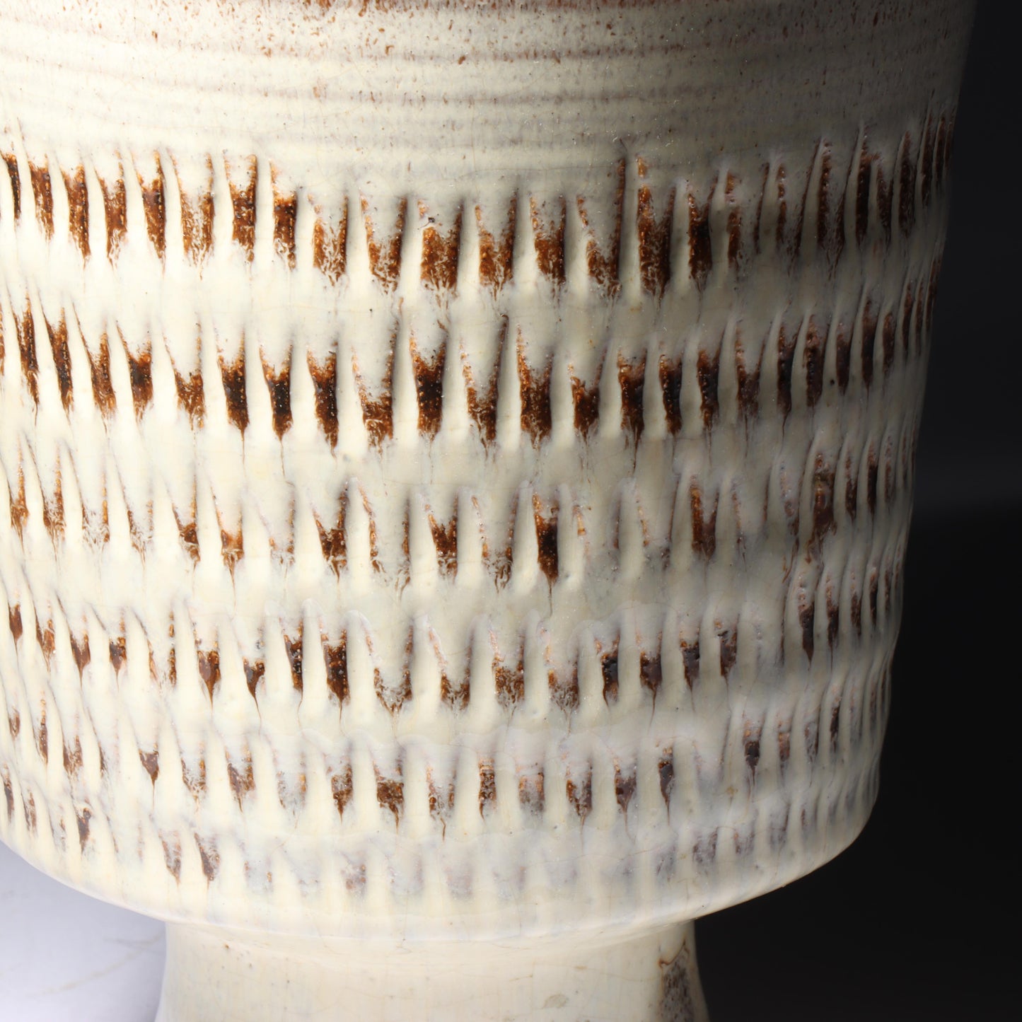 Laura Andreson, California (1902 - 1999), American studio pottery footed vessel, carved mark pattern, white over russet glaze ceramic, 6 1/4"H x 5 1/4"Diam.
