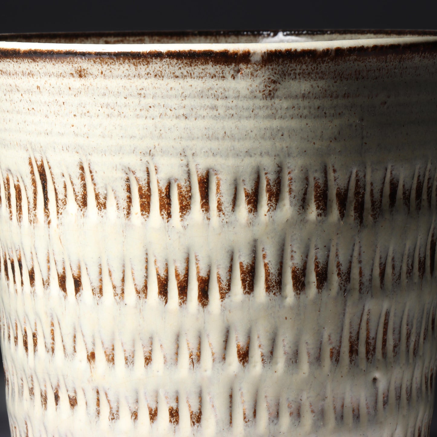 Laura Andreson, California (1902 - 1999), American studio pottery footed vessel, carved mark pattern, white over russet glaze ceramic, 6 1/4"H x 5 1/4"Diam.