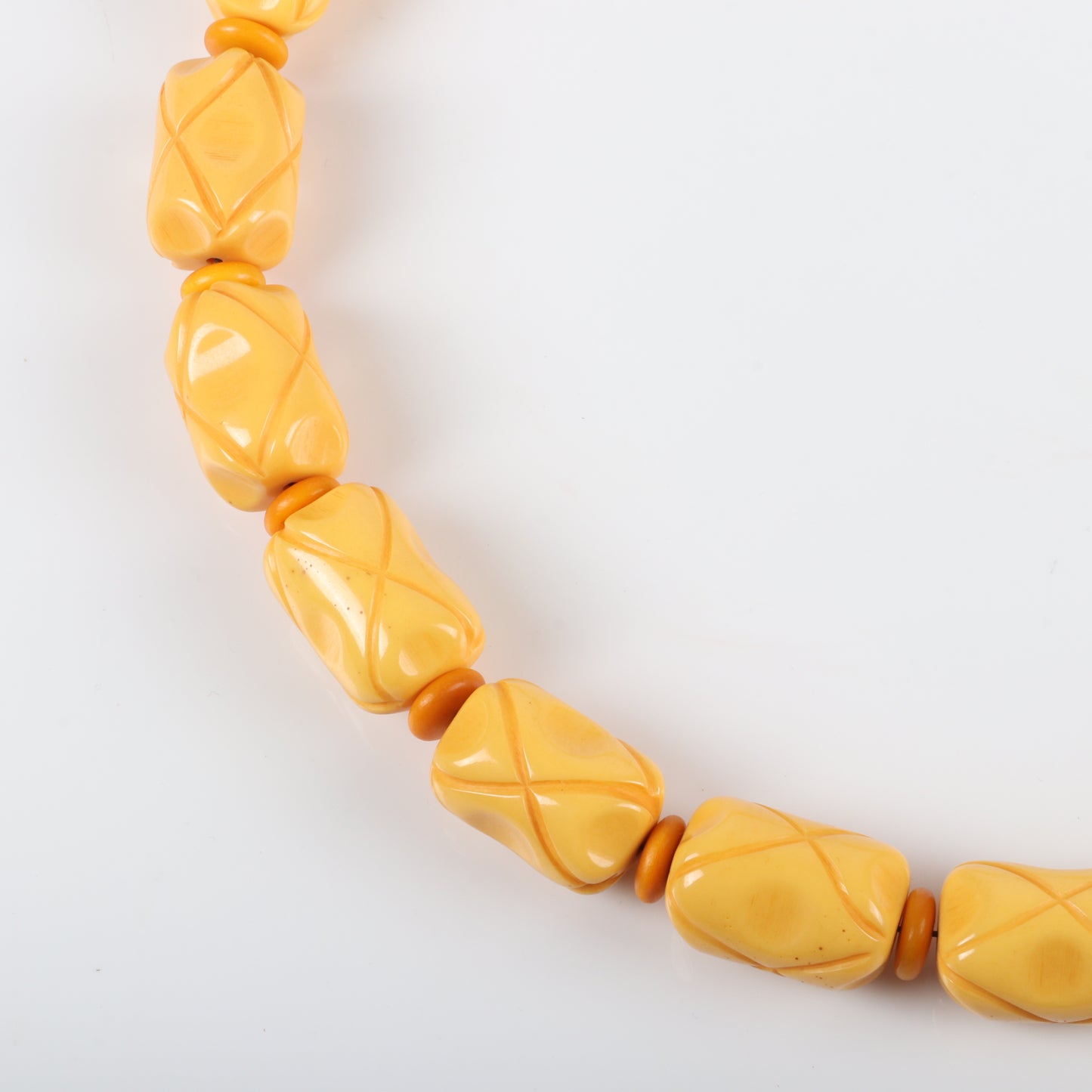 Vintage Bakelite ultra chunky carved beaded necklace. Butterscotch LONG necklace with GIANT carved pinch barrel beads. 29" L
