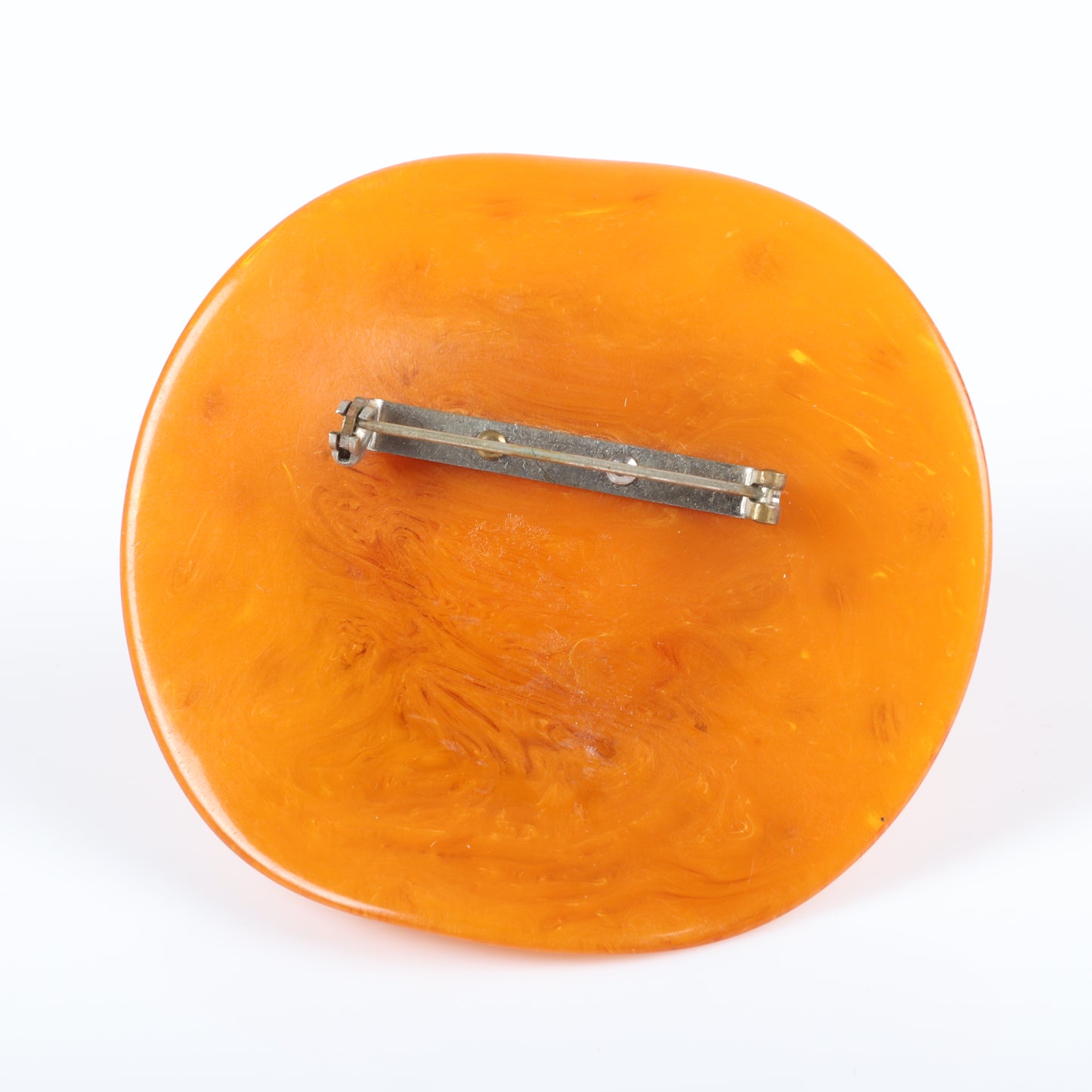 Vintage Bakelite cone hat figural pin. Marble swirl butterscotch wide brim hat brooch with painted polka dots and green celluloid twist band. 2 3/4" H X 2 3/4 W