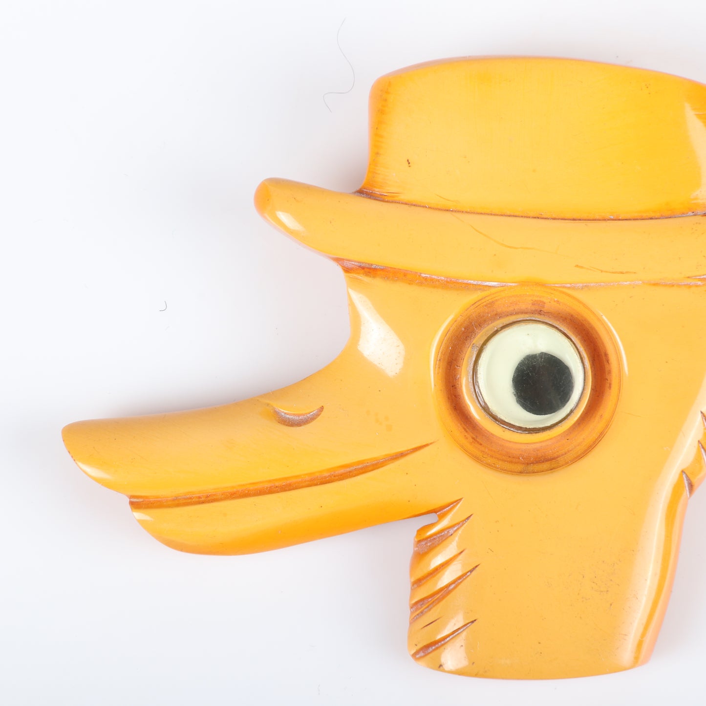 Vintage Bakelite Googly Eye carved duck in hat pin. Large carved butterscotch figural brooch. 2 1/2" x 3 1/4" W