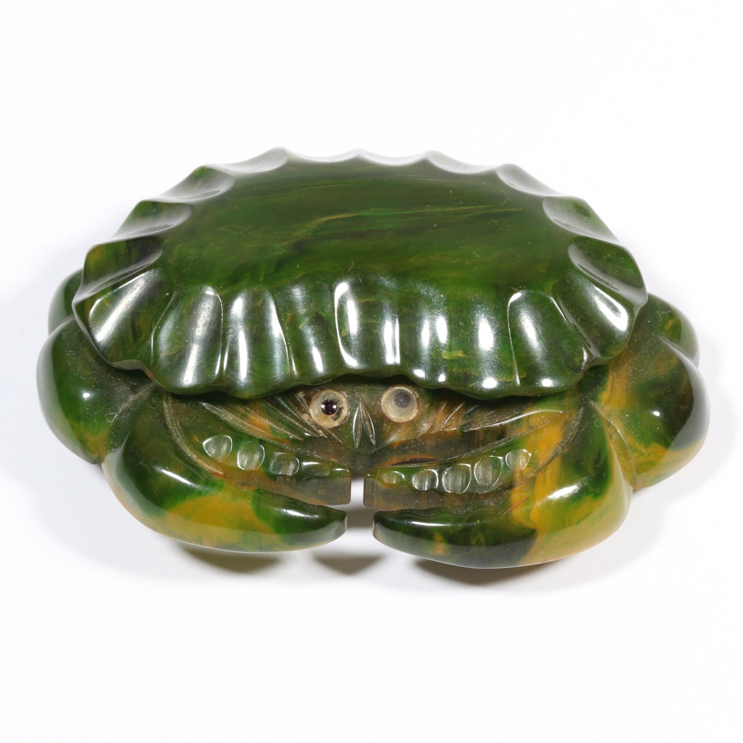 Vintage Book Piece RARE carved figural spinach Bakelite crab brooch with glass eyes. 2 1/8"H x 2 7/8"W