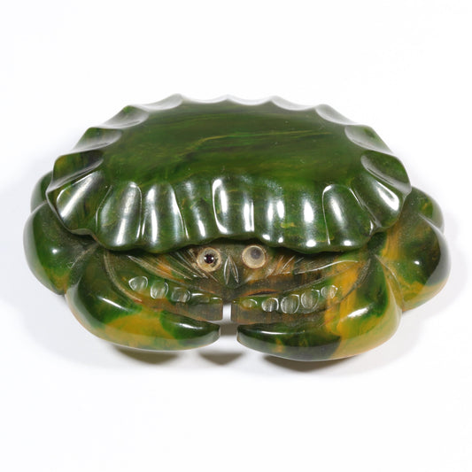 Vintage Book Piece RARE carved figural spinach Bakelite crab brooch with glass eyes. 2 1/8"H x 2 7/8"W