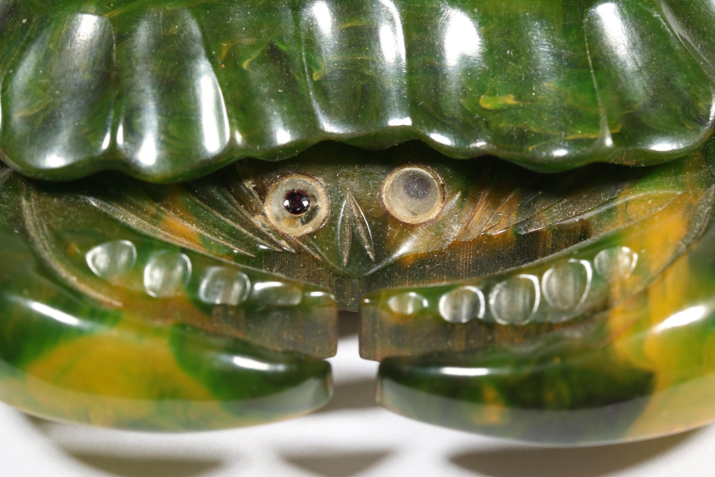 Vintage Book Piece RARE carved figural spinach Bakelite crab brooch with glass eyes. 2 1/8"H x 2 7/8"W