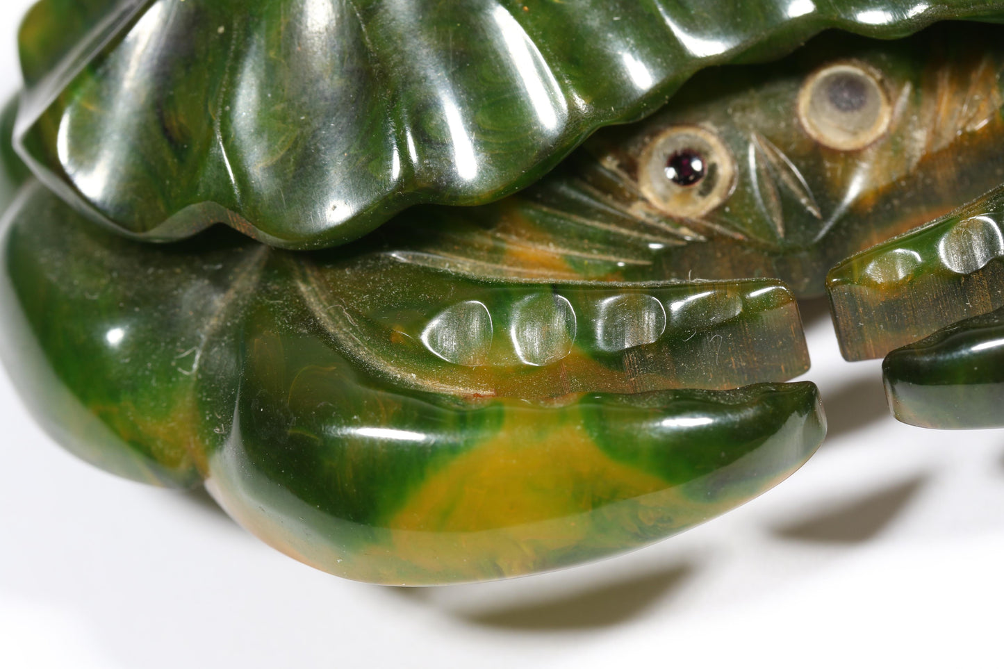 Vintage Book Piece RARE carved figural spinach Bakelite crab brooch with glass eyes. 2 1/8"H x 2 7/8"W
