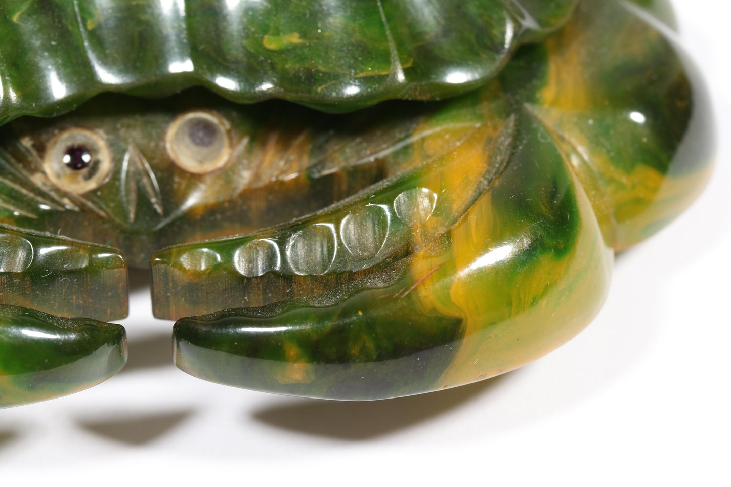 Vintage Book Piece RARE carved figural spinach Bakelite crab brooch with glass eyes. 2 1/8"H x 2 7/8"W