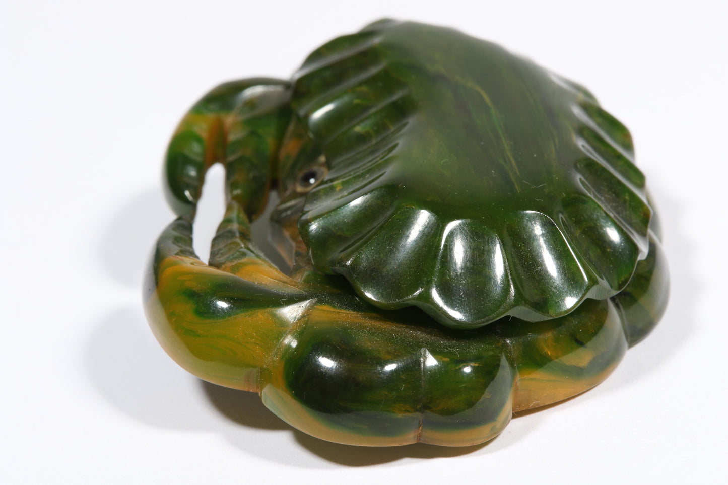 Vintage Book Piece RARE carved figural spinach Bakelite crab brooch with glass eyes. 2 1/8"H x 2 7/8"W