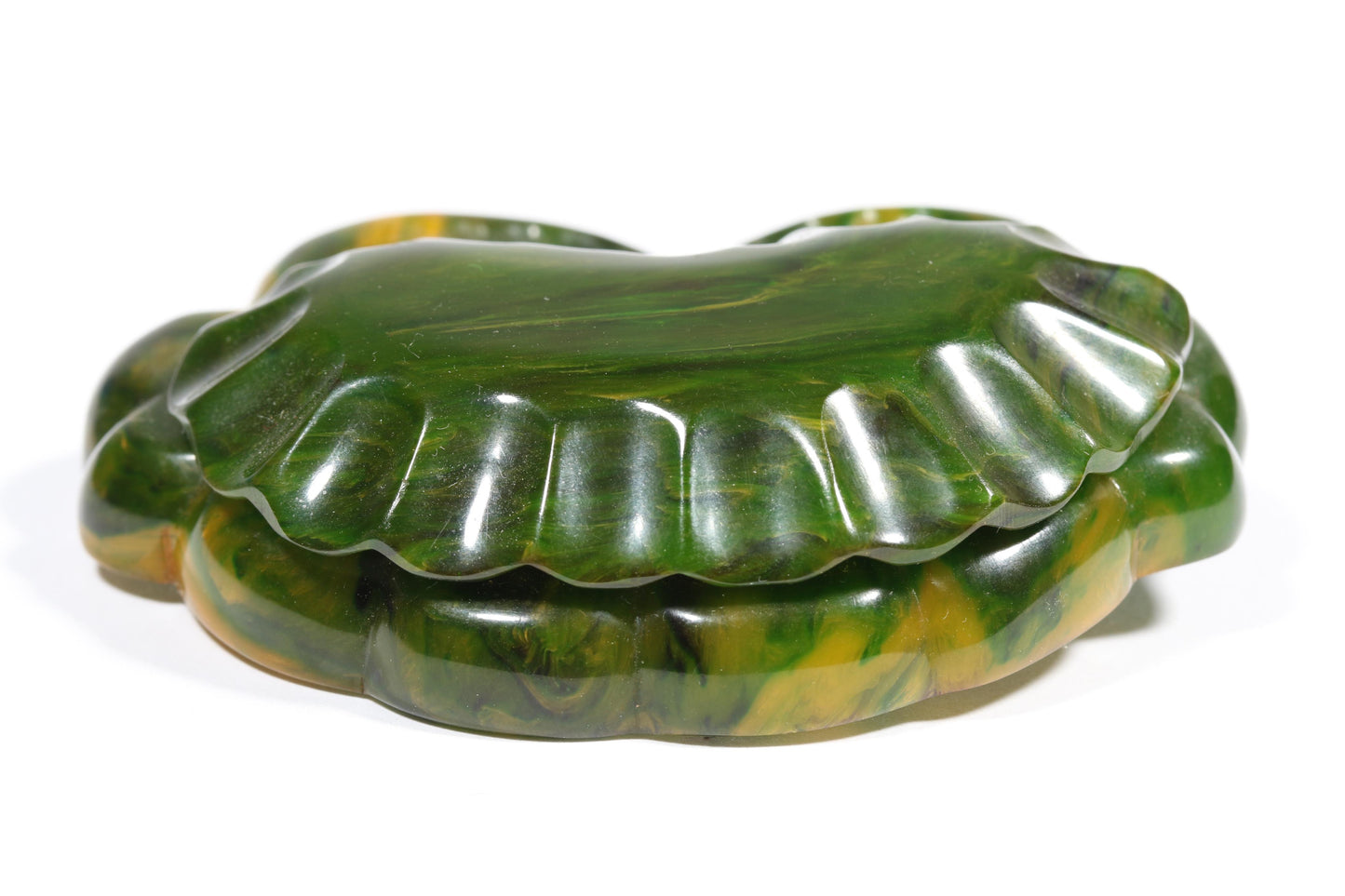 Vintage Book Piece RARE carved figural spinach Bakelite crab brooch with glass eyes. 2 1/8"H x 2 7/8"W