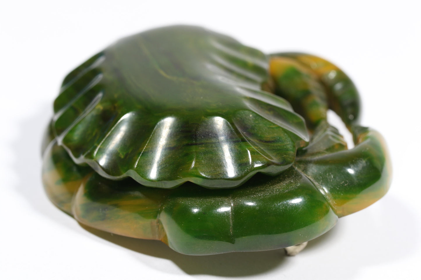 Vintage Book Piece RARE carved figural spinach Bakelite crab brooch with glass eyes. 2 1/8"H x 2 7/8"W