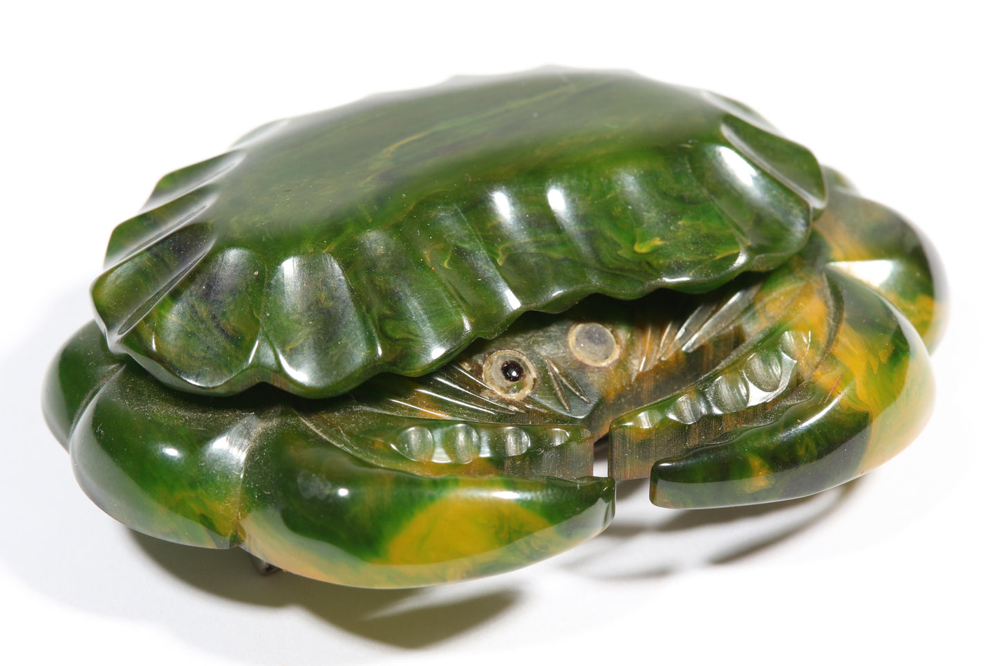Vintage Book Piece RARE carved figural spinach Bakelite crab brooch with glass eyes. 2 1/8"H x 2 7/8"W