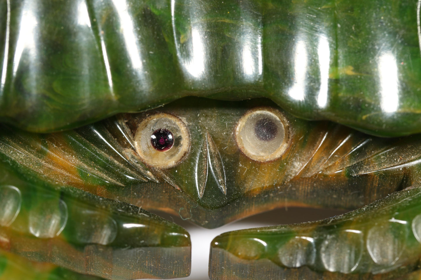 Vintage Book Piece RARE carved figural spinach Bakelite crab brooch with glass eyes. 2 1/8"H x 2 7/8"W