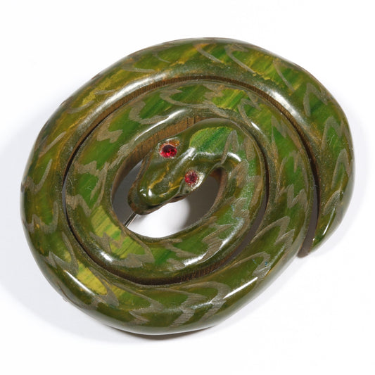 Vintage Book Piece RARE carved figural spinach Bakelite serpent snake brooch with red jeweled eyes. 2"H x 2 3/8"W