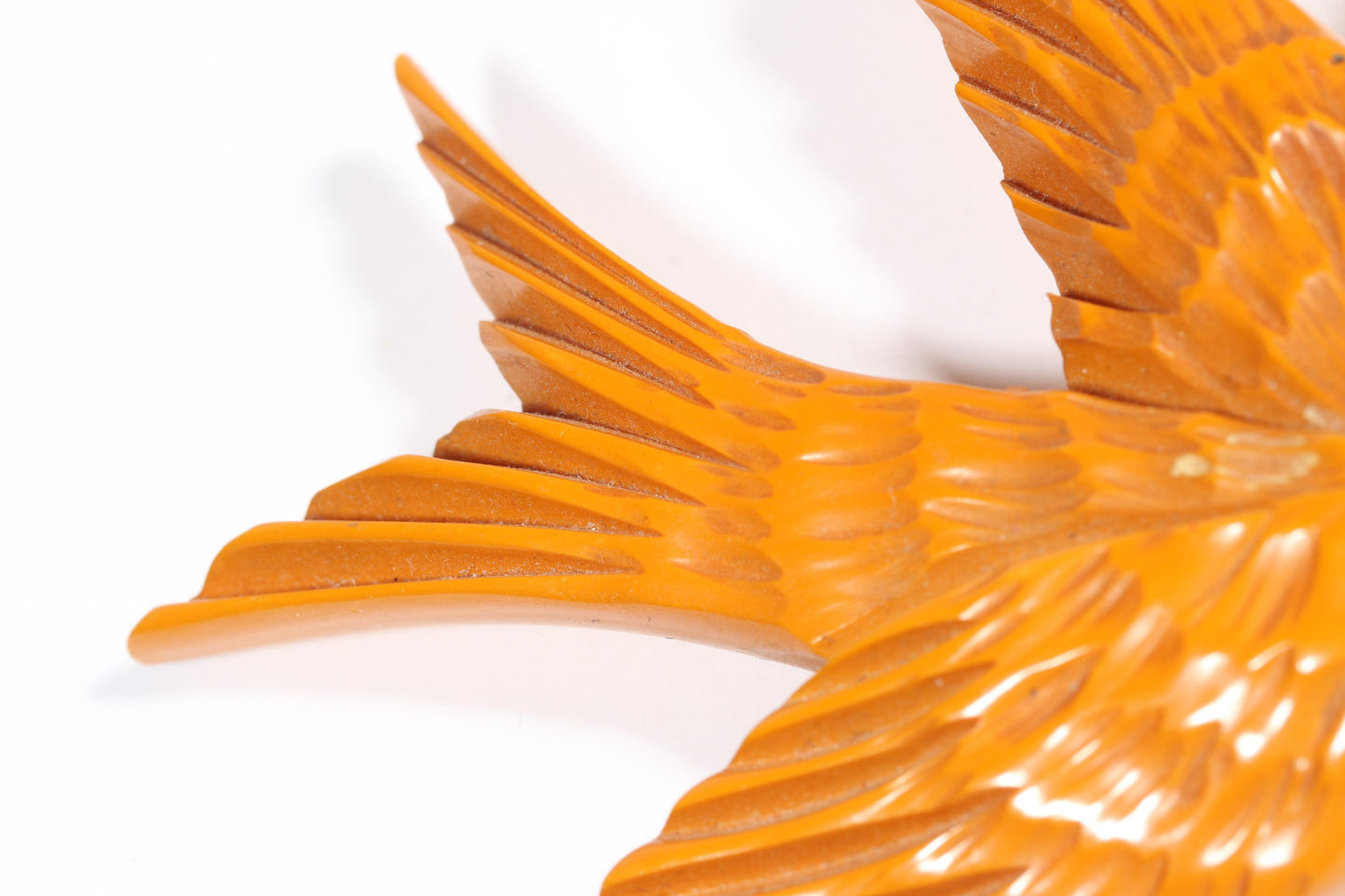 Vintage carved figural butterscotch Bakelite dove bird brooch with glass eyes. 2 1/2"H x 3"W