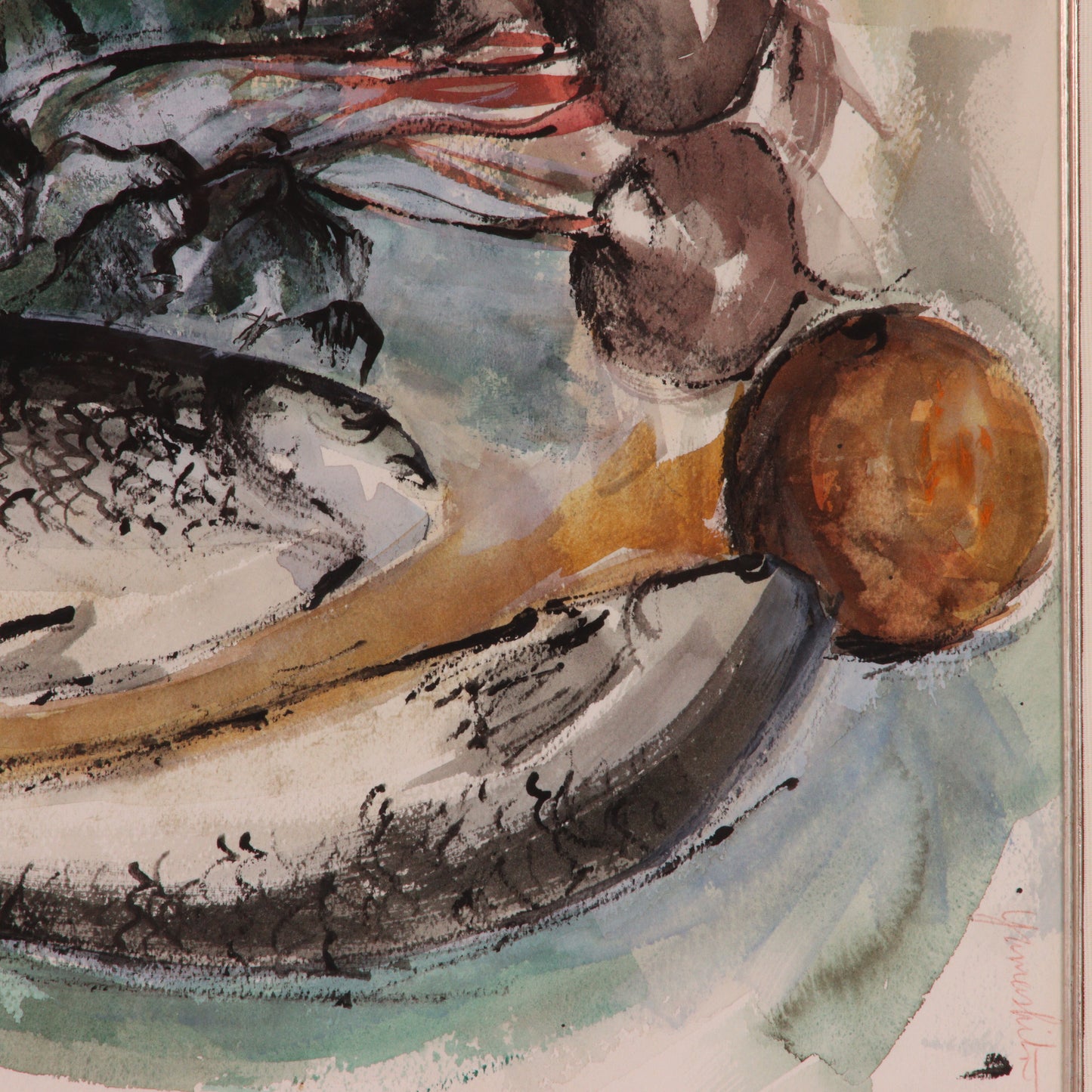 Junji Yamashita, France (b. 1940), Still Life with Fish, 1950s, watercolor on paper, 13"H x 21"W (sight)