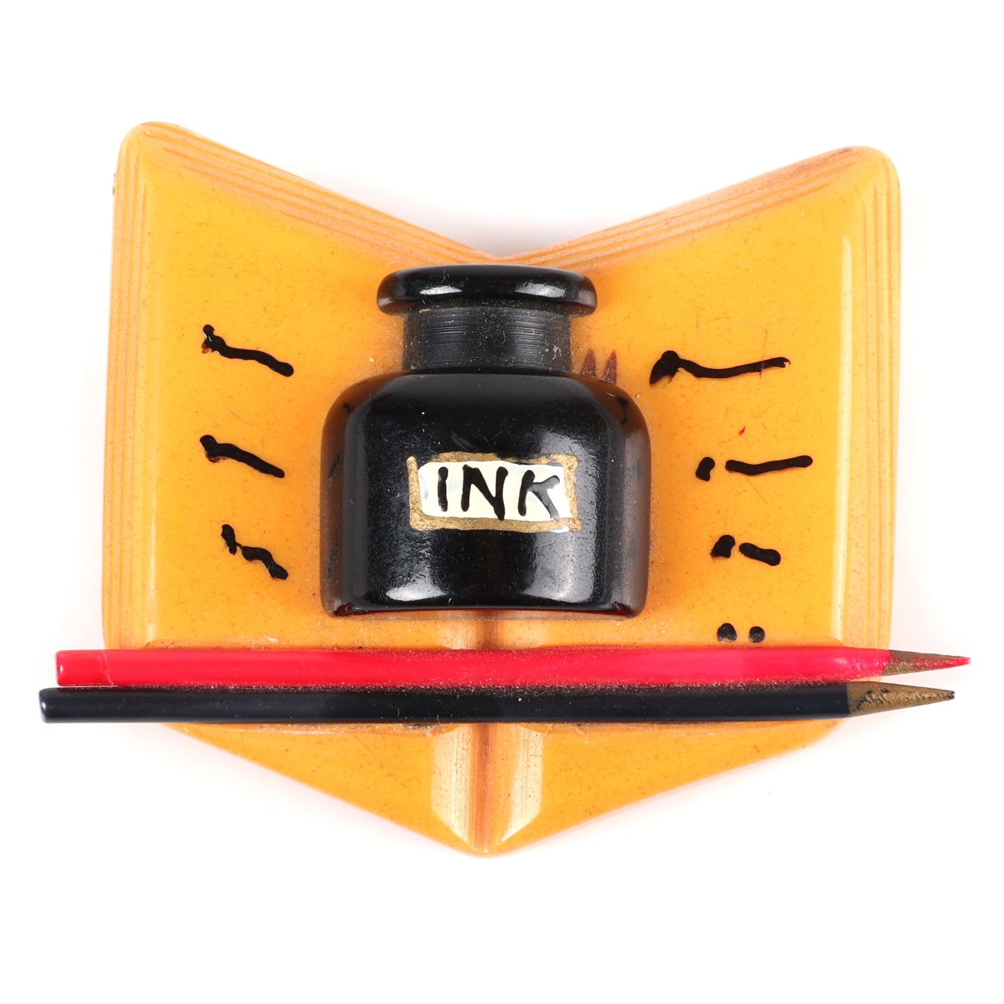 Vintage Bakelite carved School Days open book pin brooch. Figural book with applied ink bottle, pencils, and painted details. RARE book piece. 2 1/4" H x 3" W