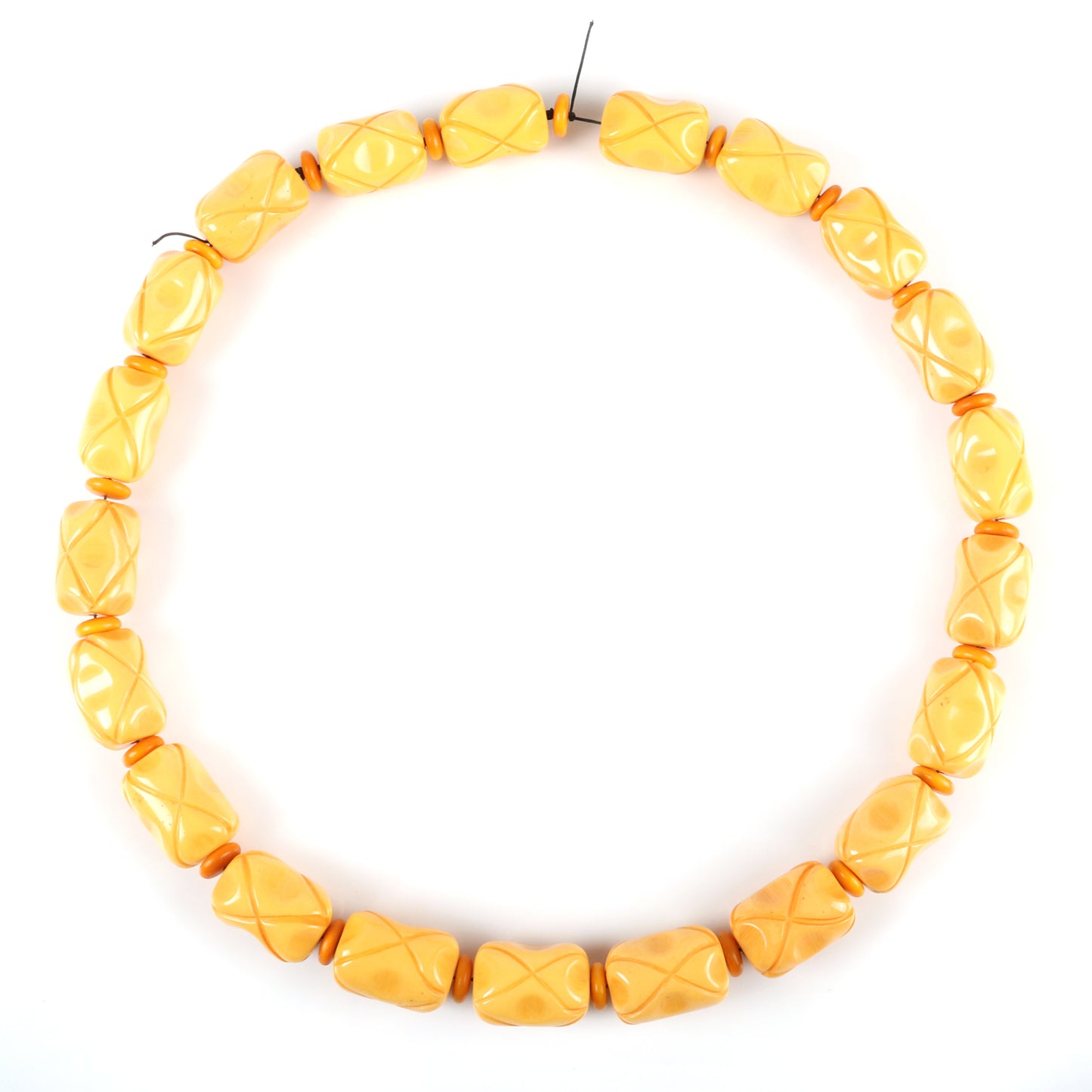 Vintage Bakelite ultra chunky carved beaded necklace. Butterscotch LONG necklace with GIANT carved pinch barrel beads. 29" L