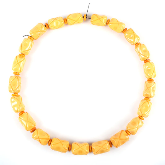 Vintage Bakelite ultra chunky carved beaded necklace. Butterscotch LONG necklace with GIANT carved pinch barrel beads. 29" L